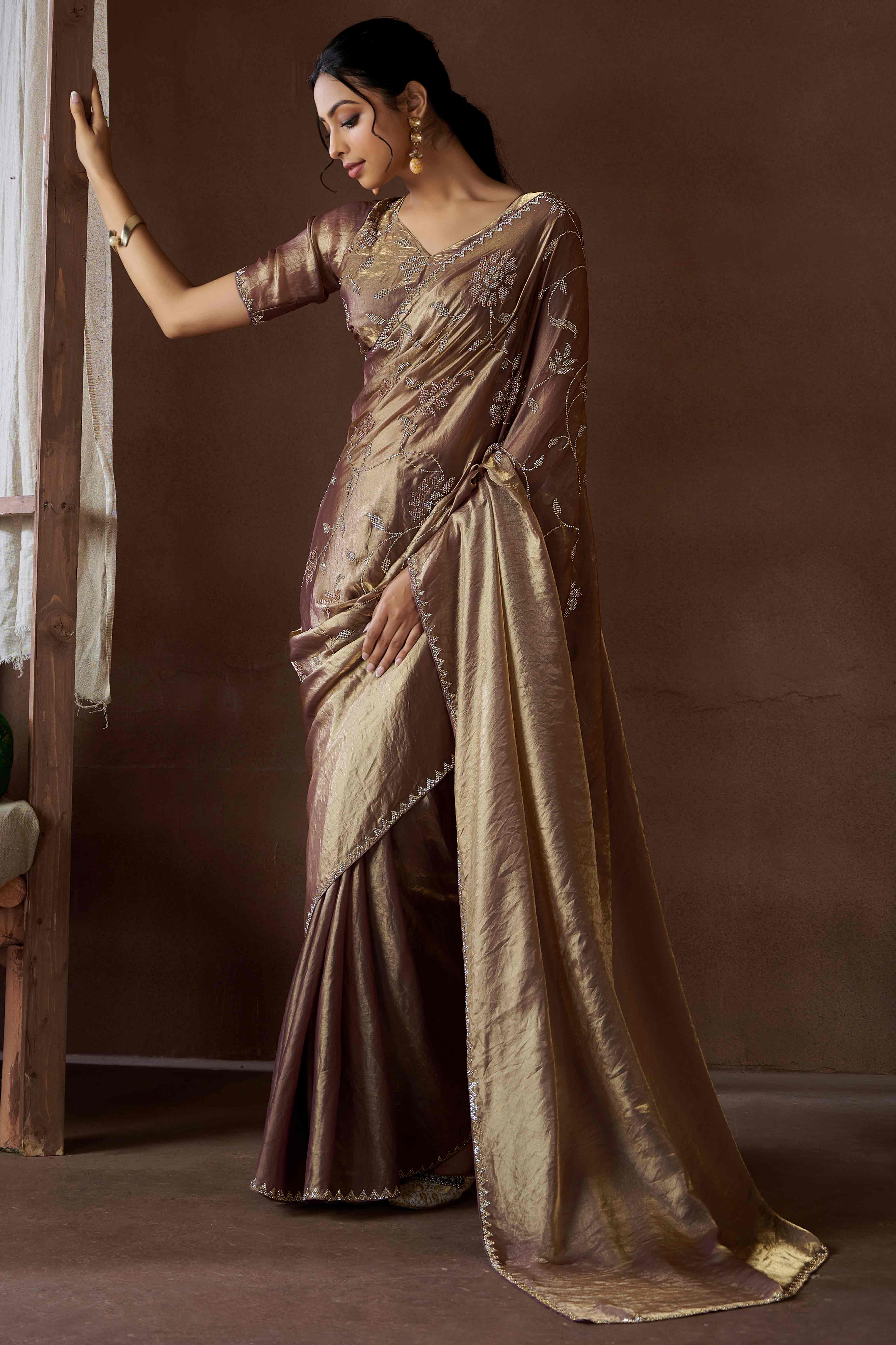 Lavender Satin Saree with Exquisite Stone Embellishments
