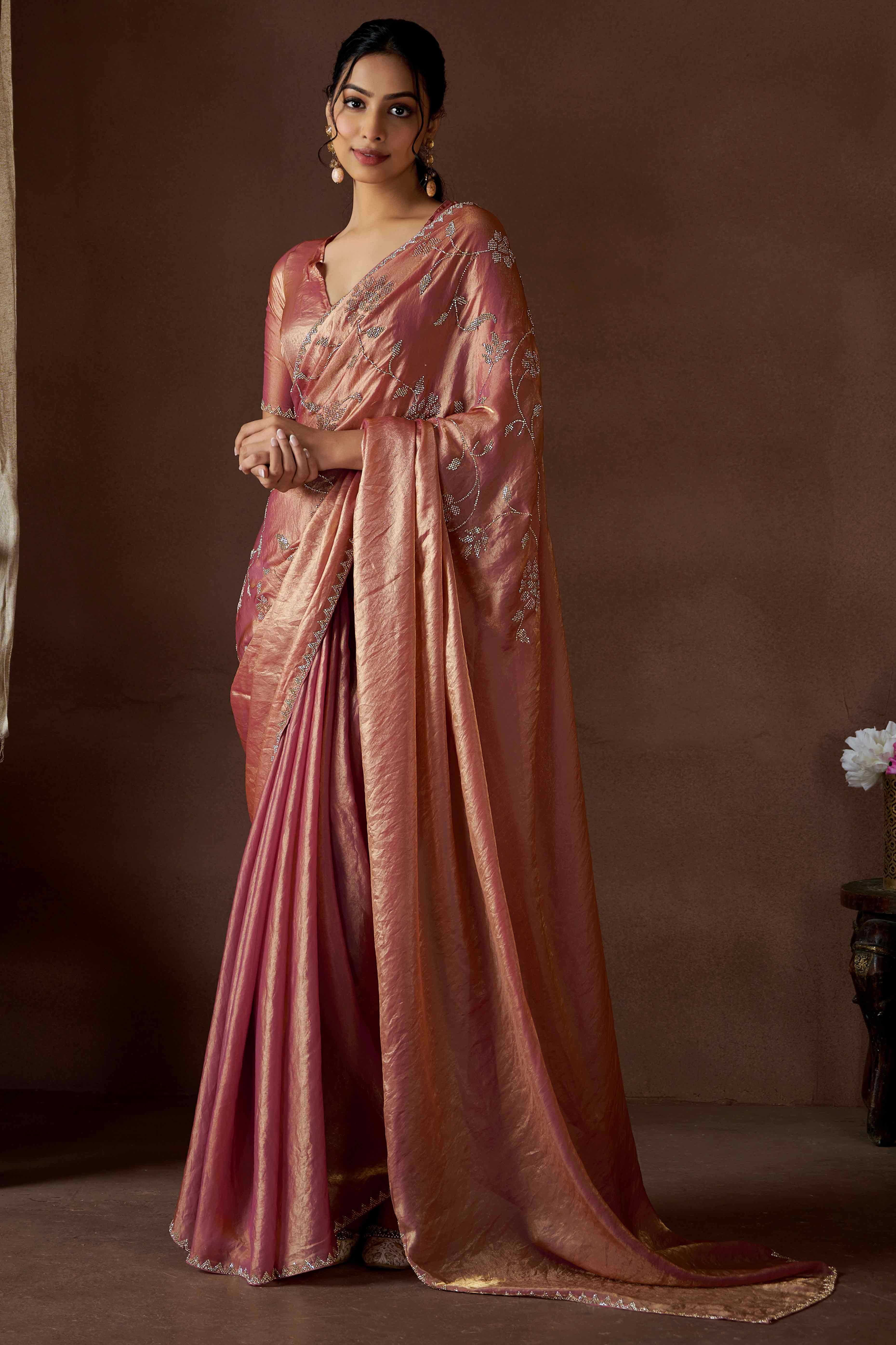 Peach Satin Saree with Exquisite Stone Embellishments