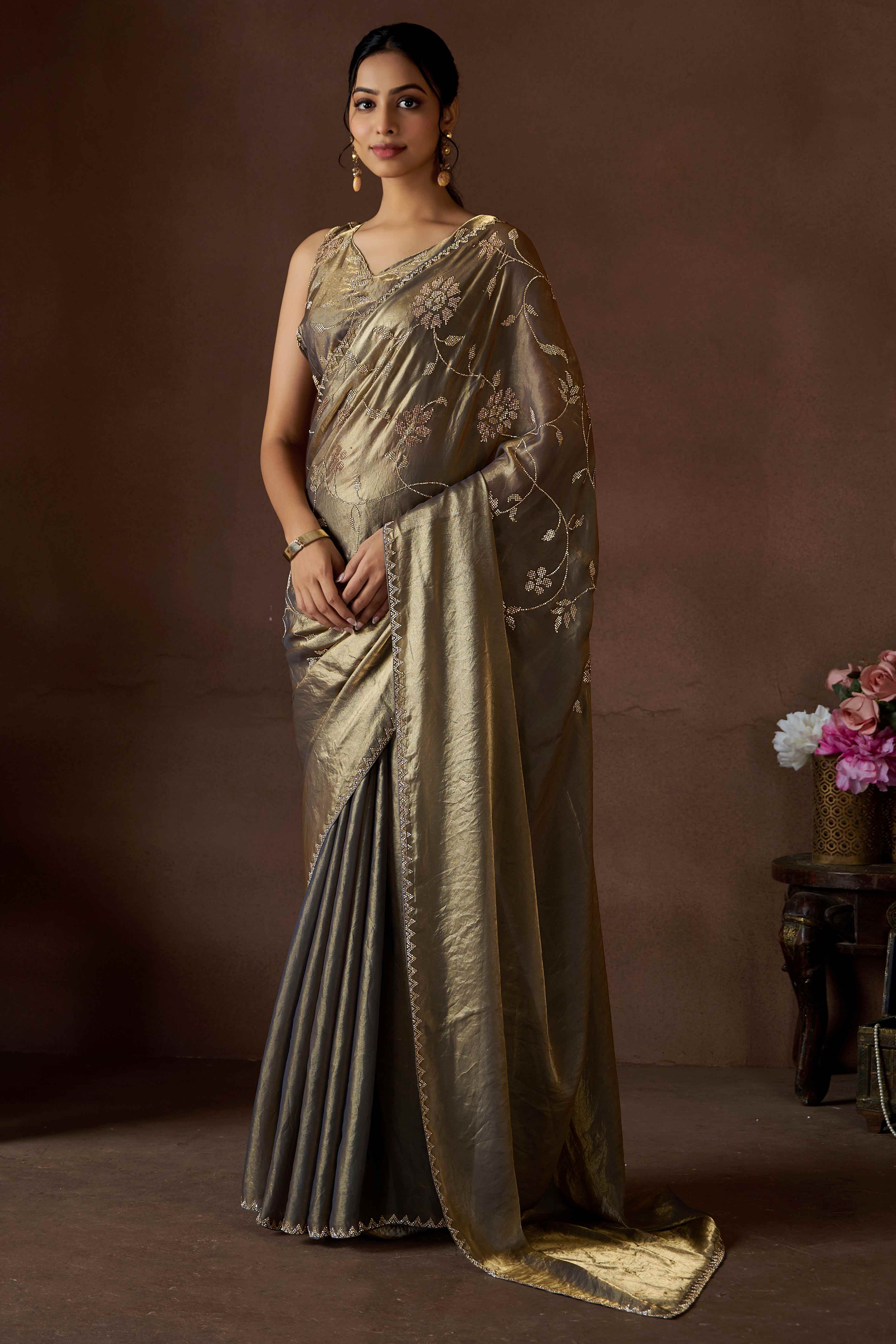 Grey Satin Saree with Exquisite Stone Embellishments