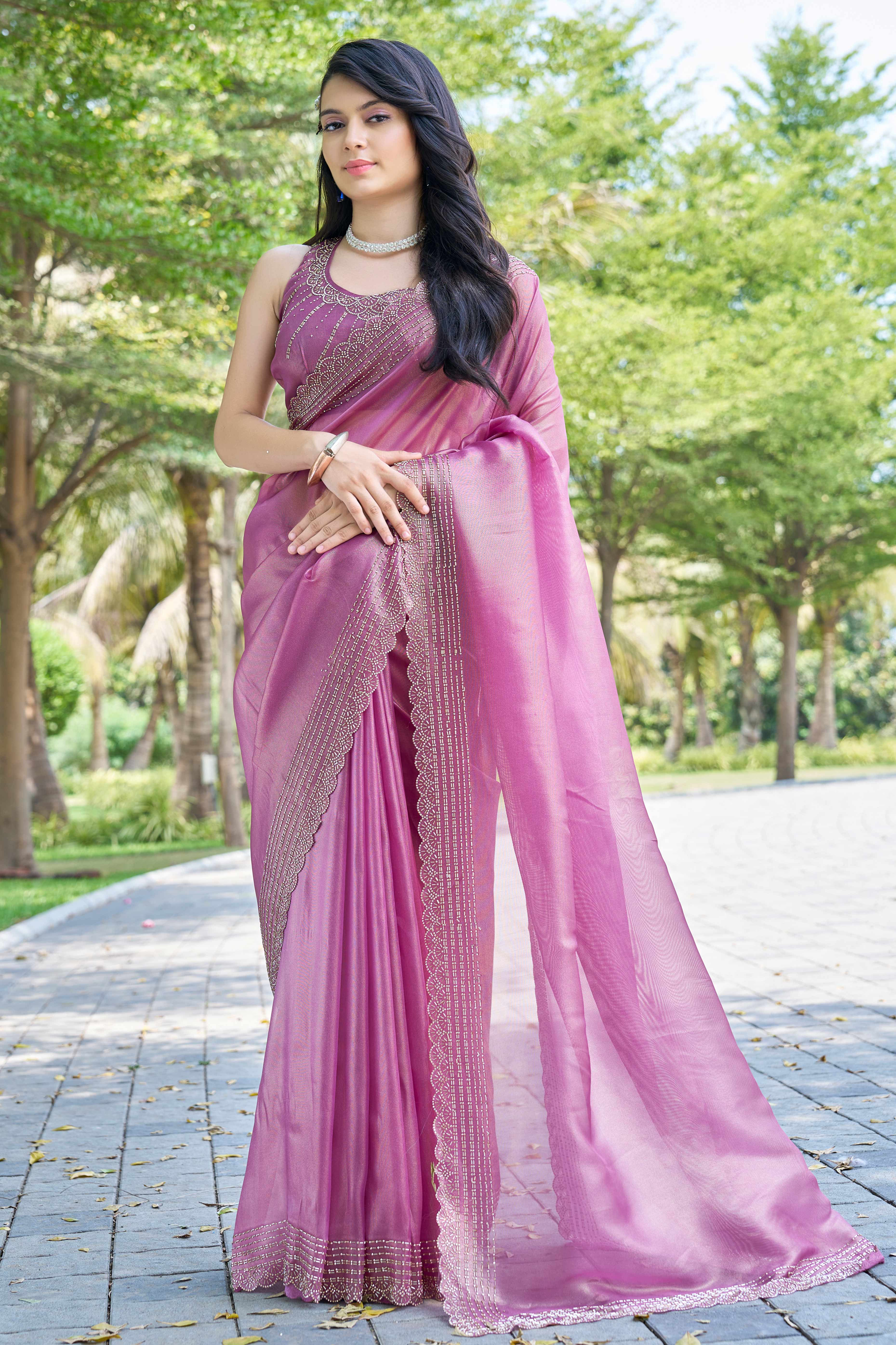 Pink Soft Organza Saree with Stone Embellishments Work