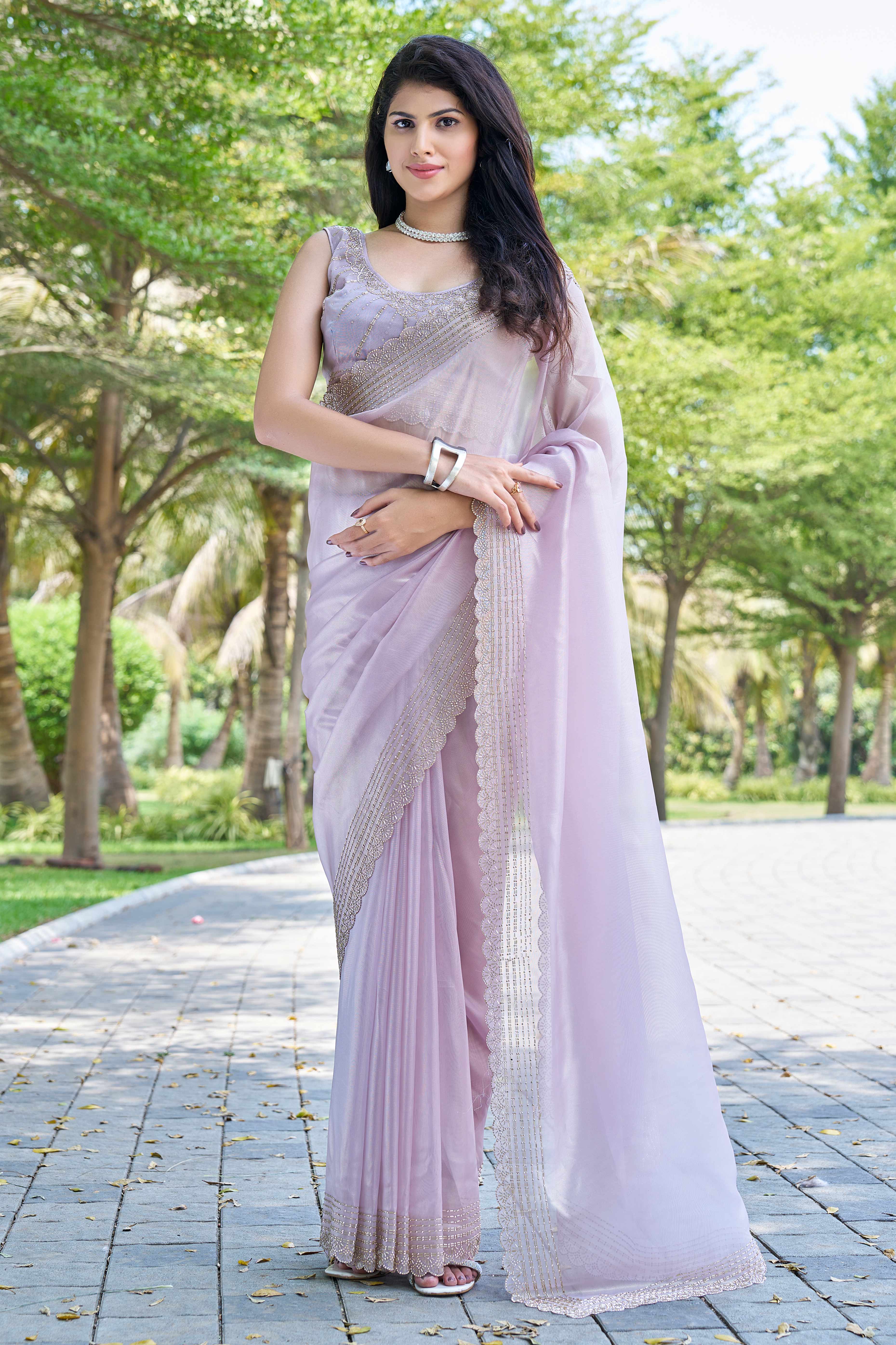 Lavender Soft Organza Saree with Stone Embellishments Work