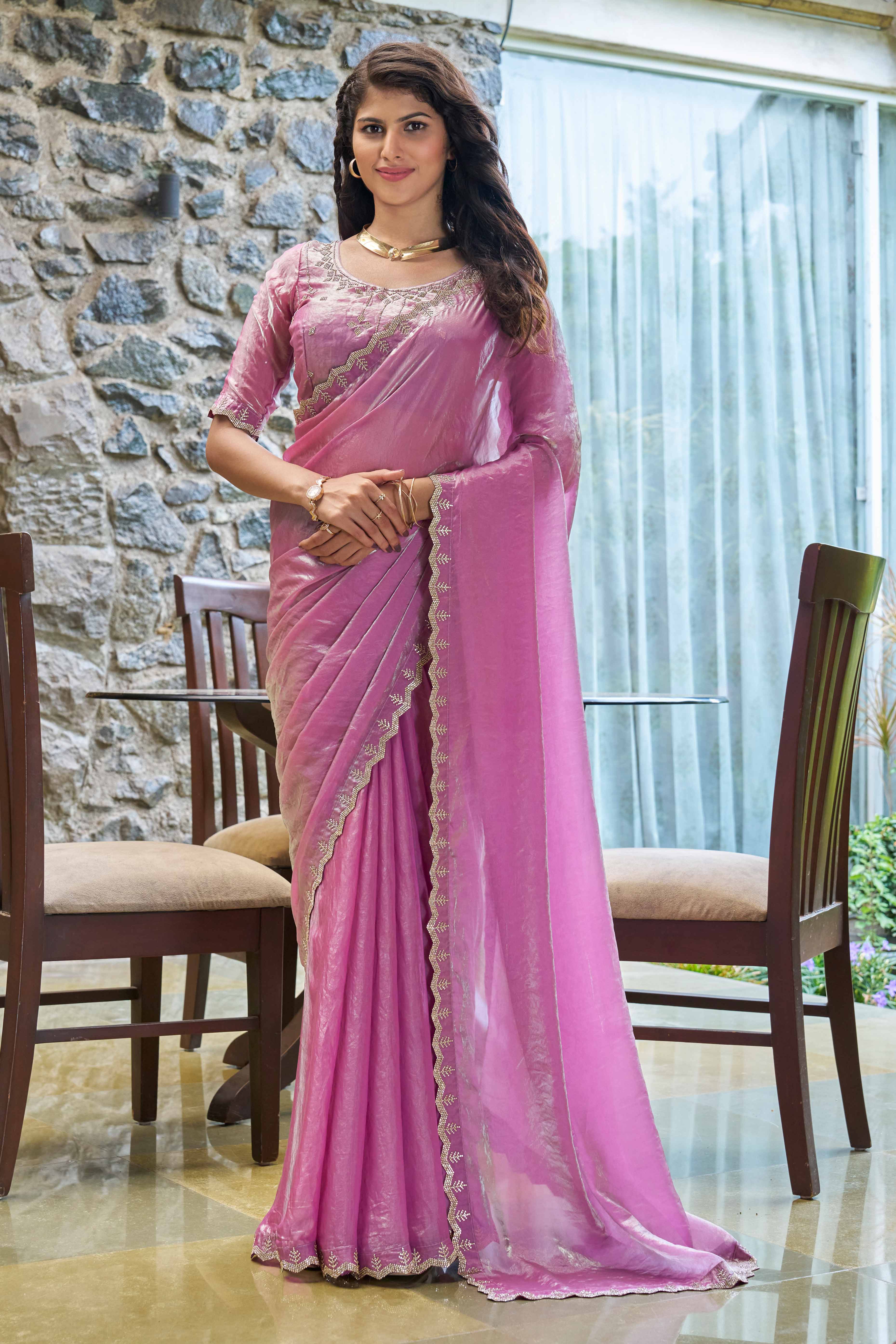 Regal Orchid Purple Chiffon Solid Saree With Graceful Zarkan Detailing