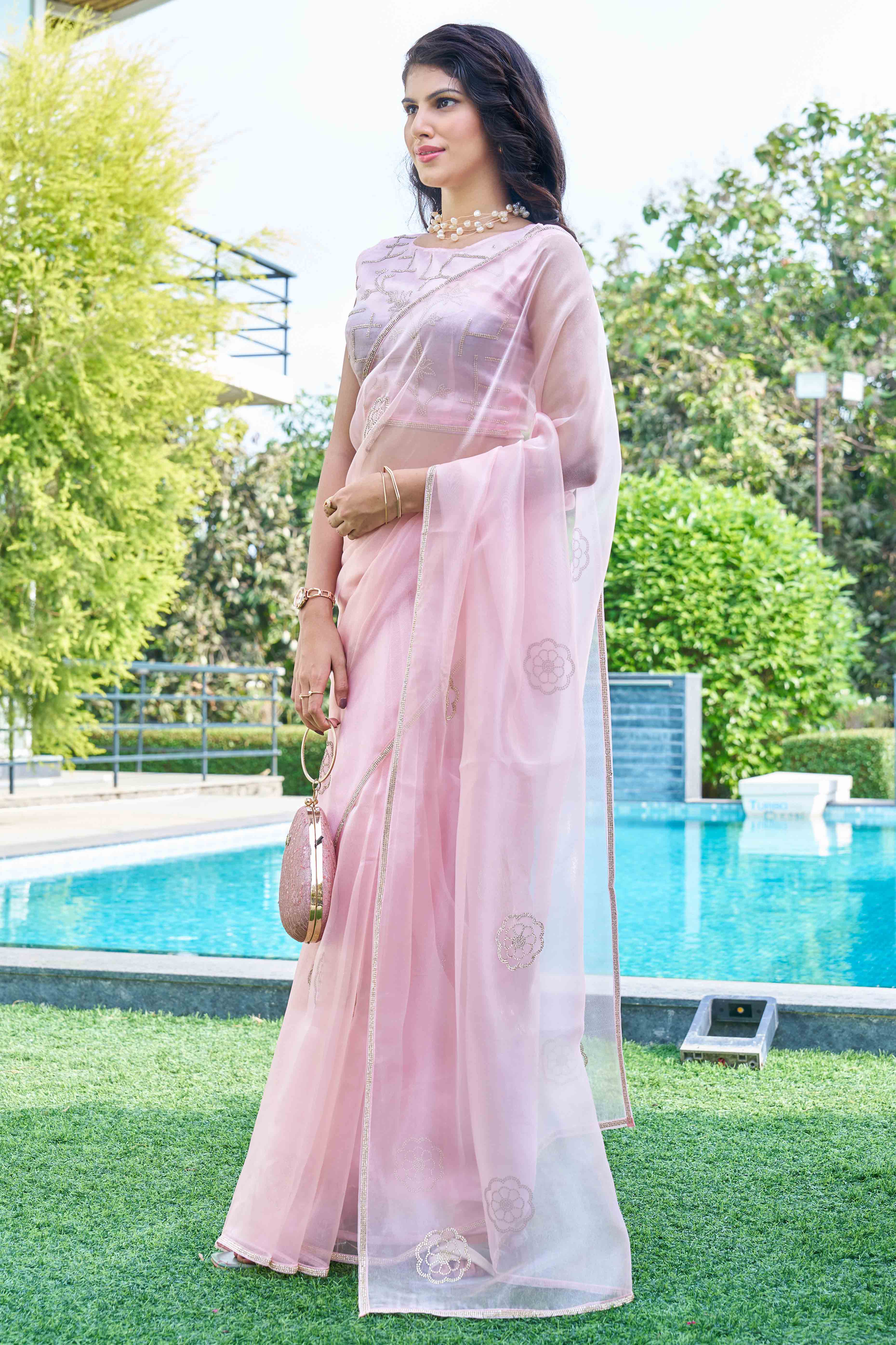 Pink Stone Work Embroidered Organza Saree