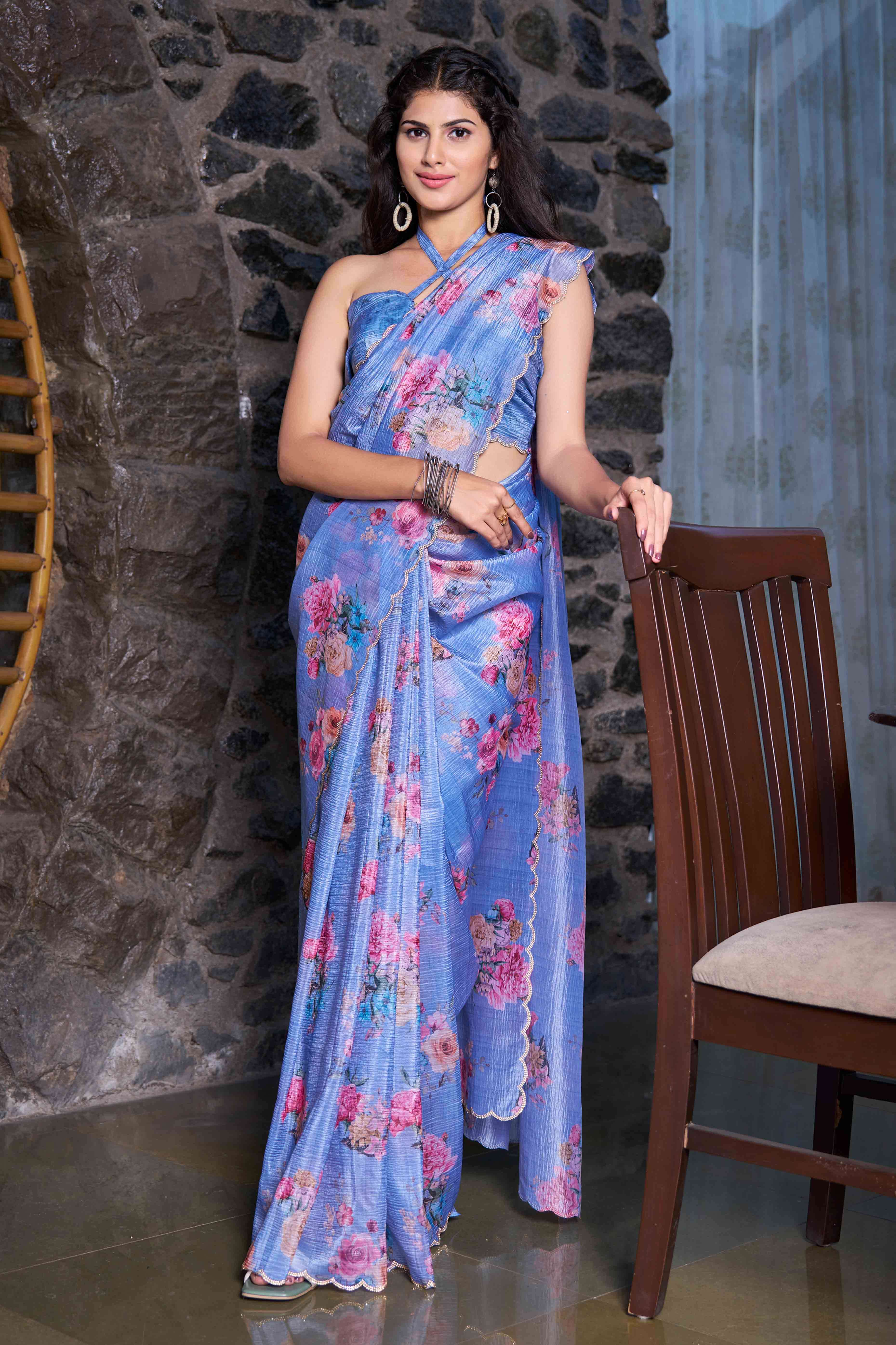 Blue Floral Printed Art Silk Saree