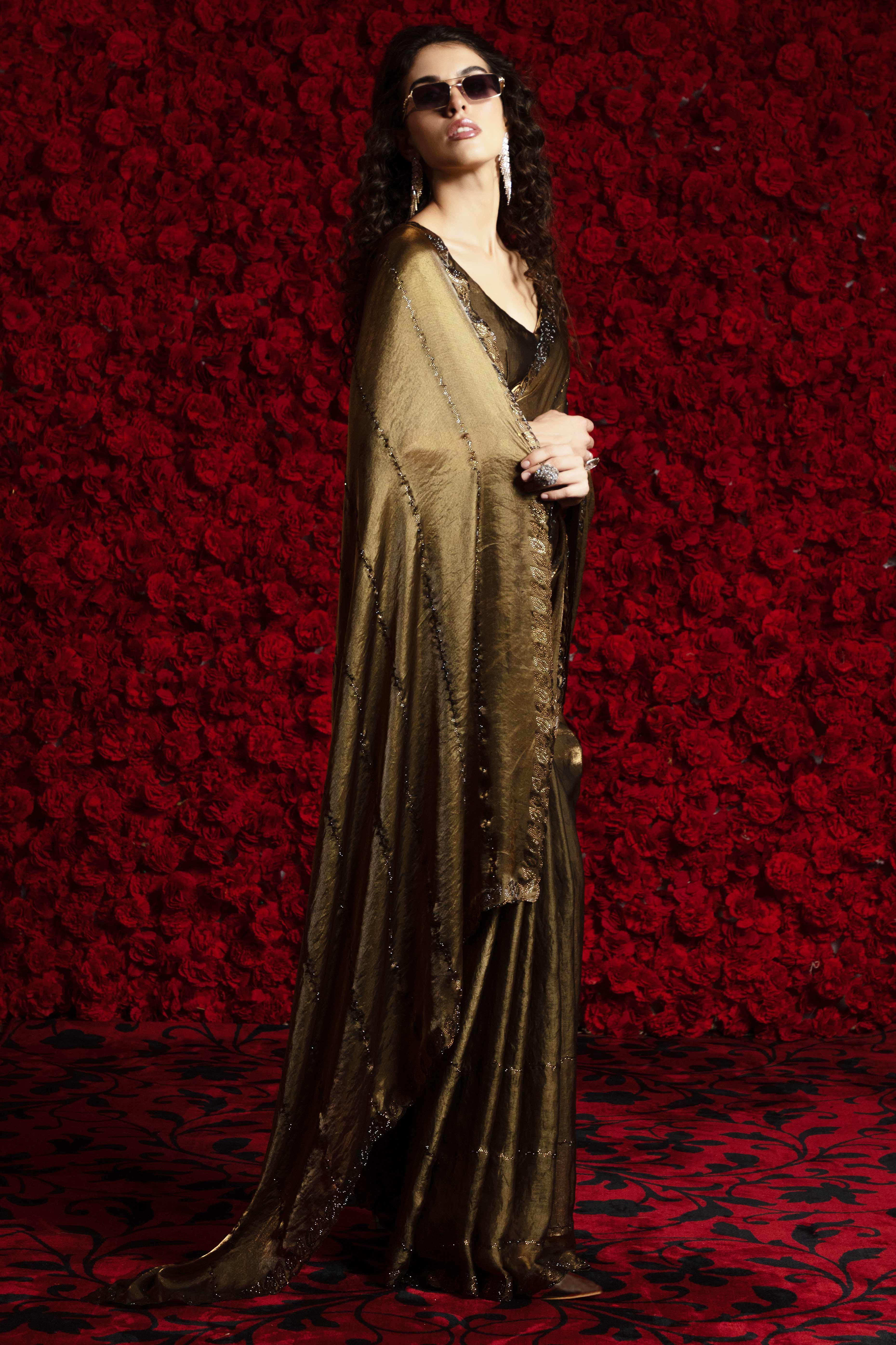 Mehandi Green Satin Silk Saree with Dazzling Stone Embellishments for Special Occasions