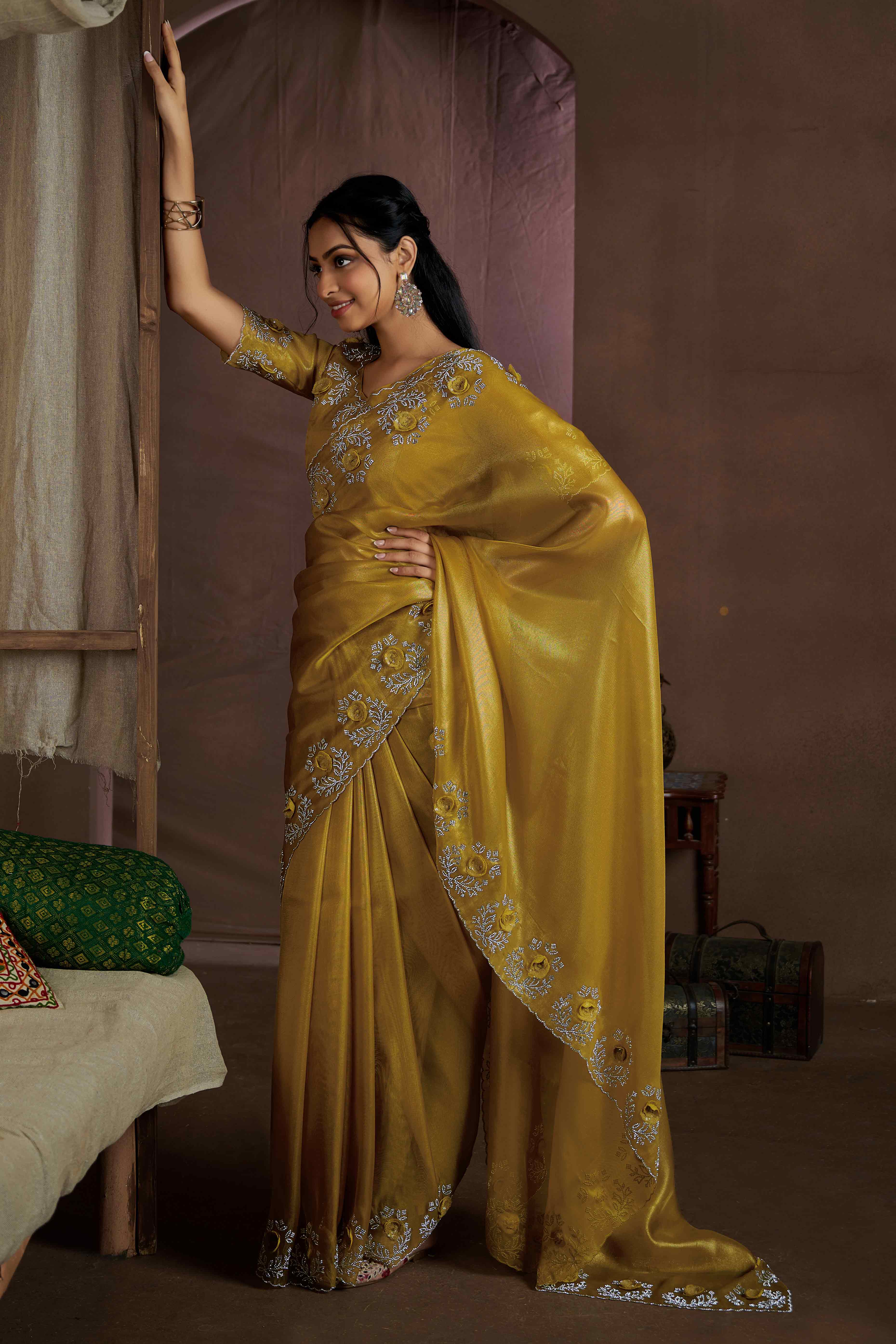 Mustard Floral Sequins With Zarkan Work Organza Saree