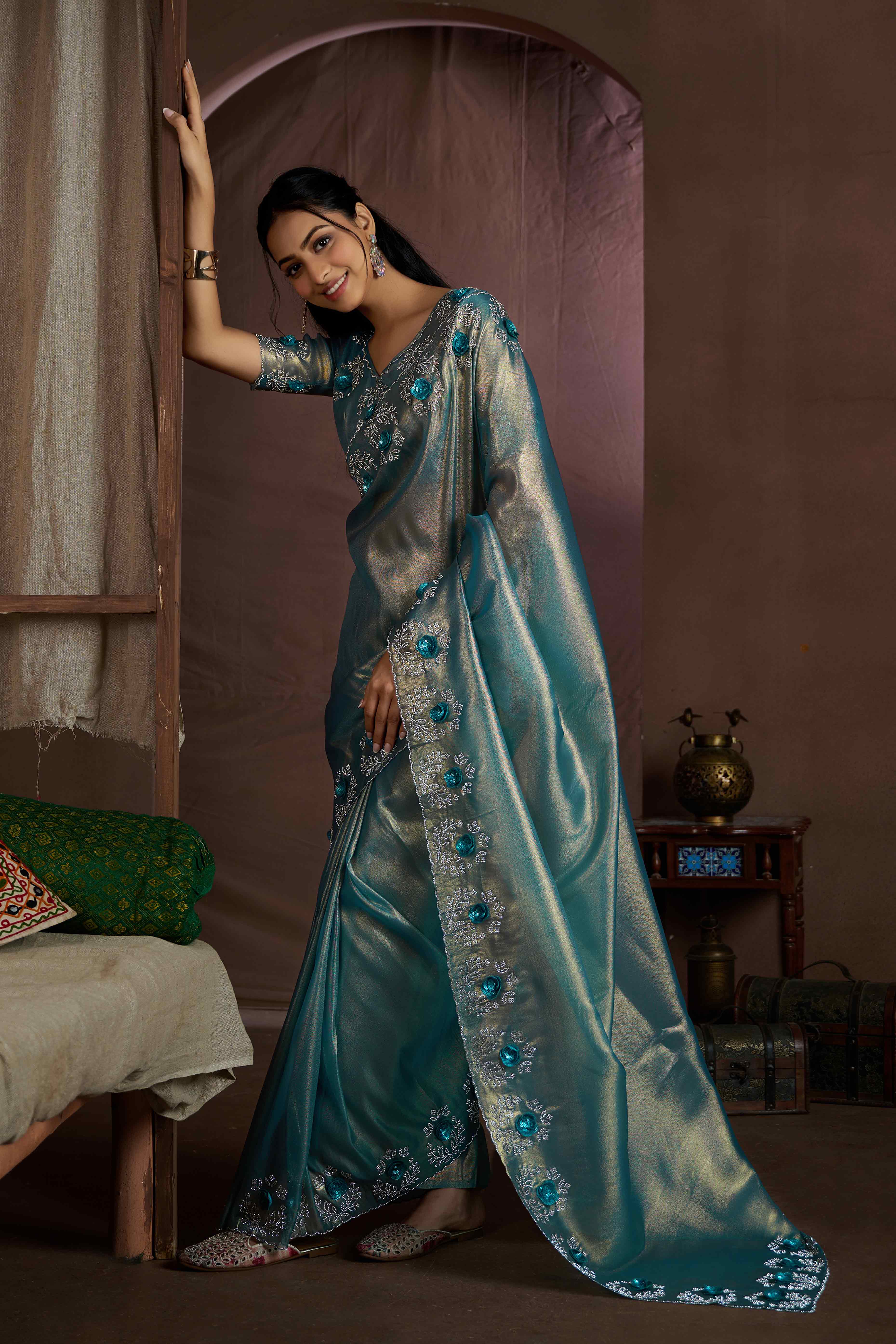 Blue Floral Sequins With Zarkan Work Organza Saree