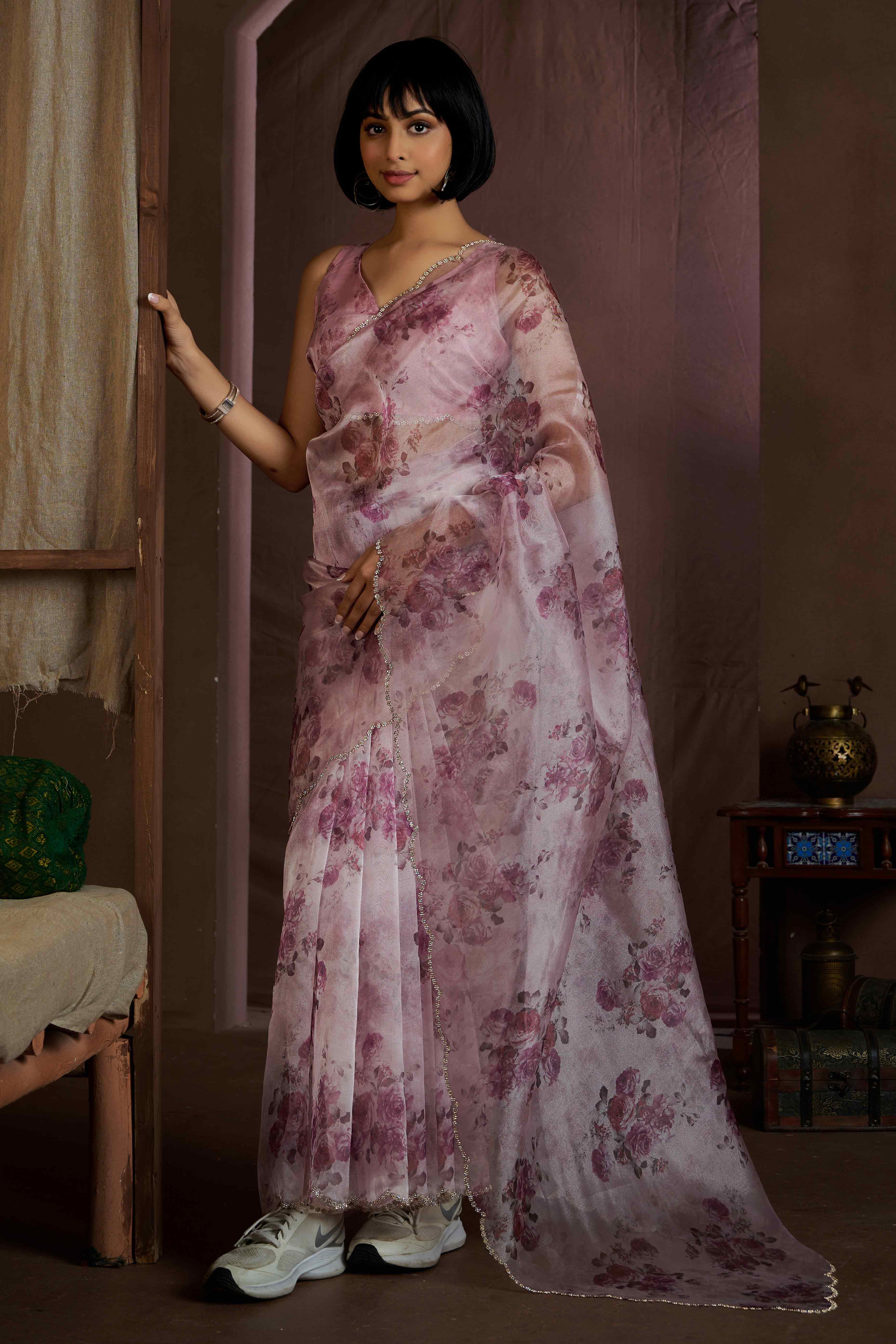 Pink Floral Printed Soft Organza Saree With Stone Work Border