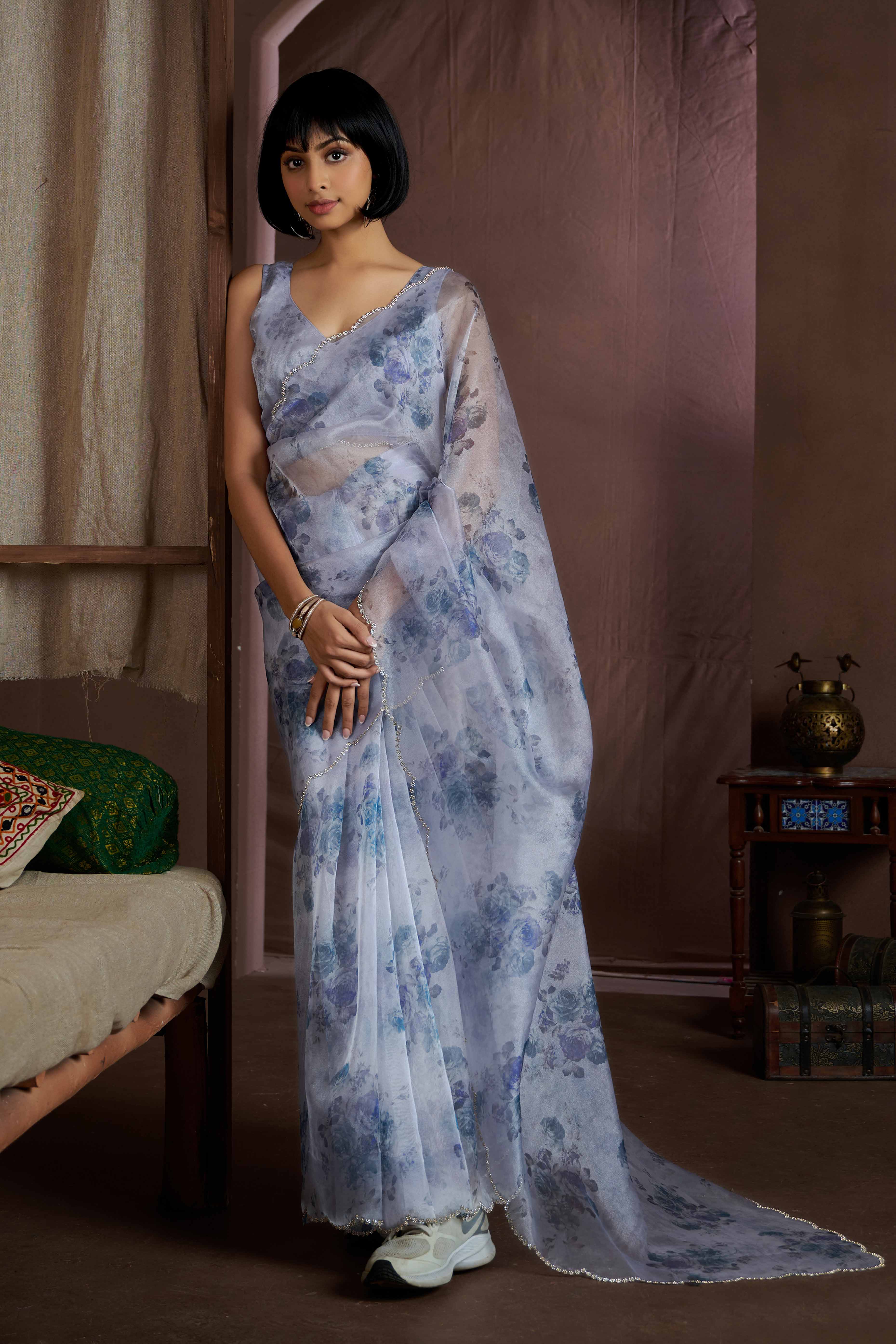 Blue Floral Printed Soft Organza Saree With Stone Work Border