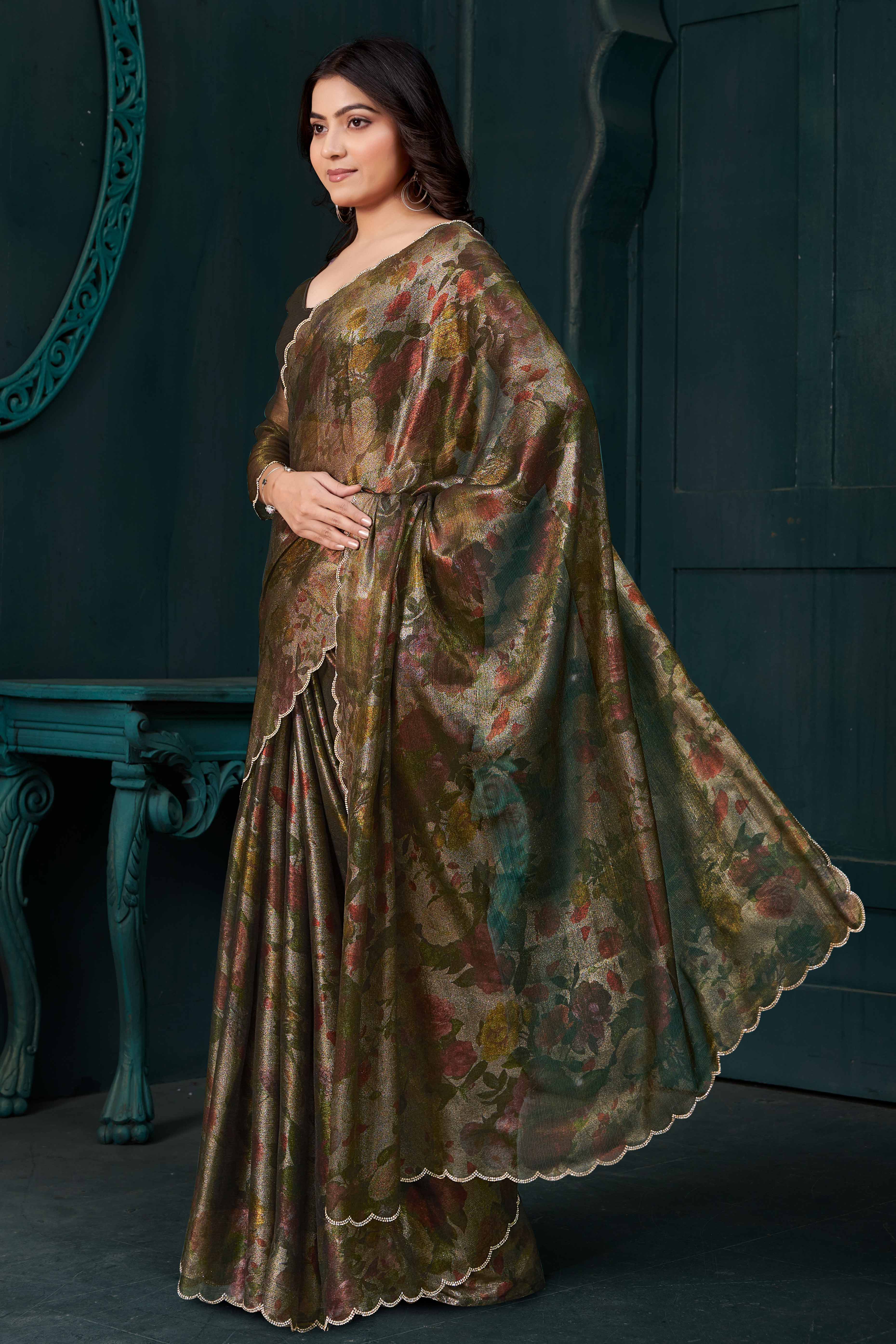 Olive Partywear Saree in Smooth Chiffon Silk with Contemporary Floral Prints