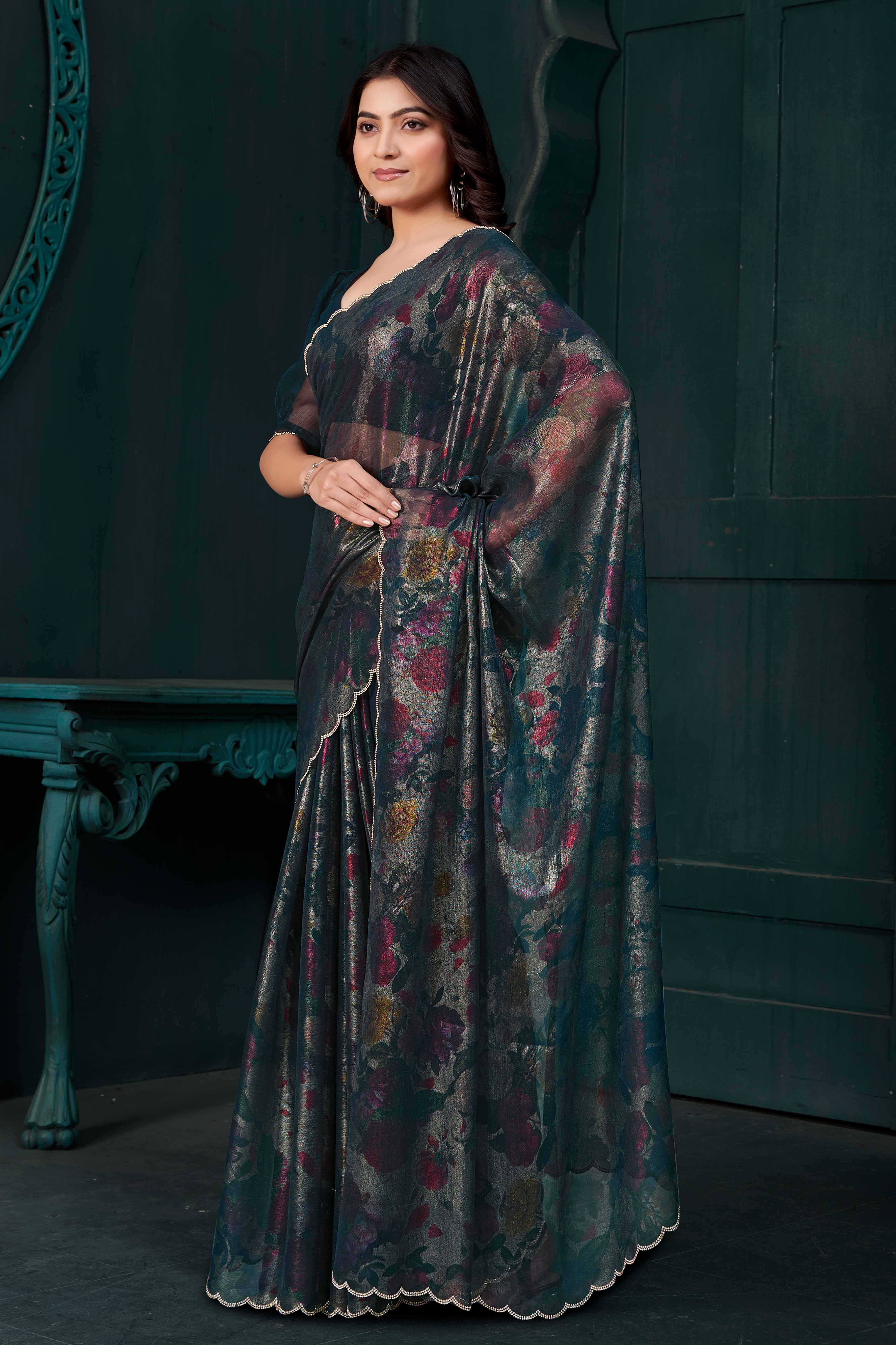 Teal Partywear Saree in Smooth Chiffon Silk with Contemporary Floral Prints