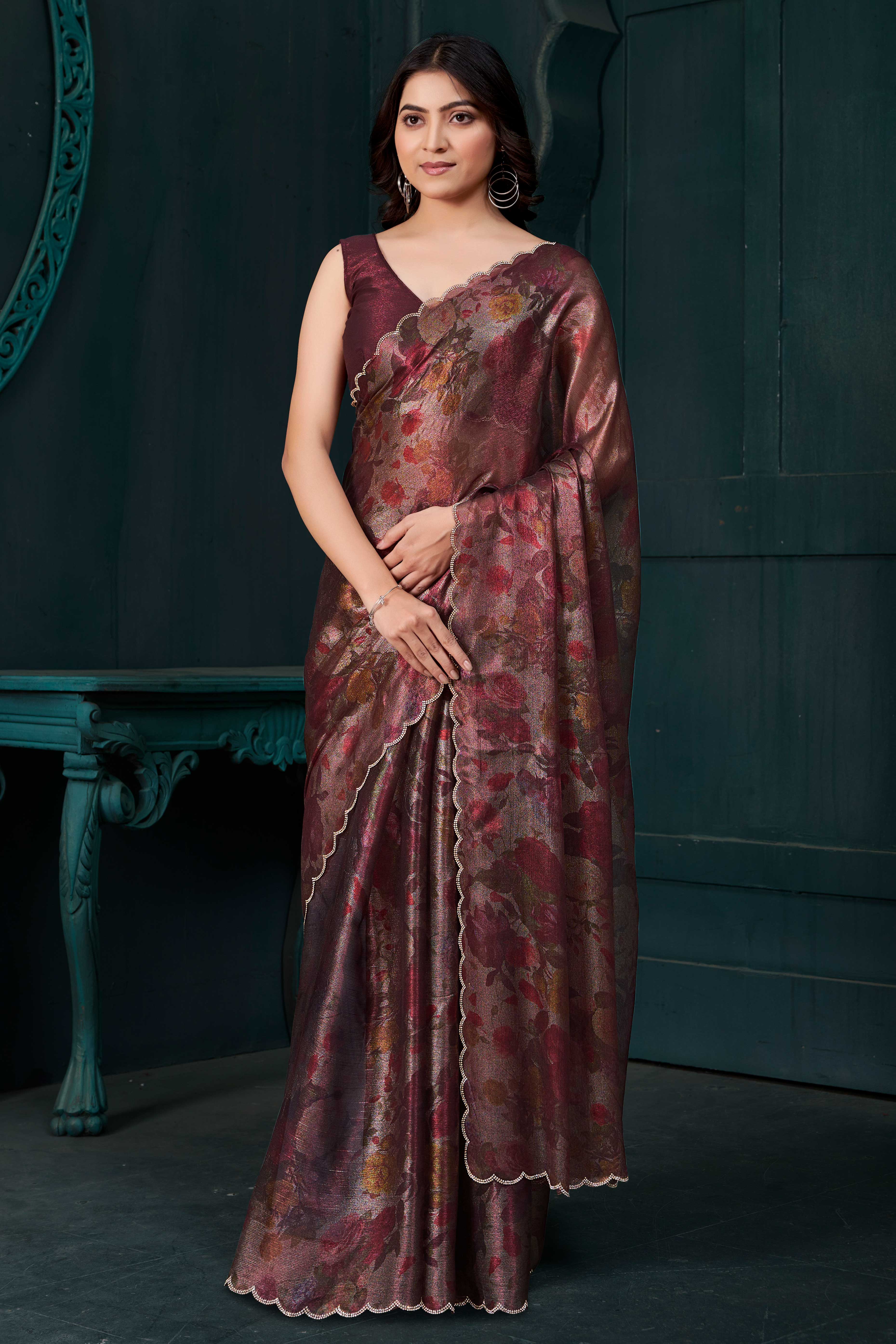 Maroon Partywear Saree in Smooth Chiffon Silk with Contemporary Floral Prints