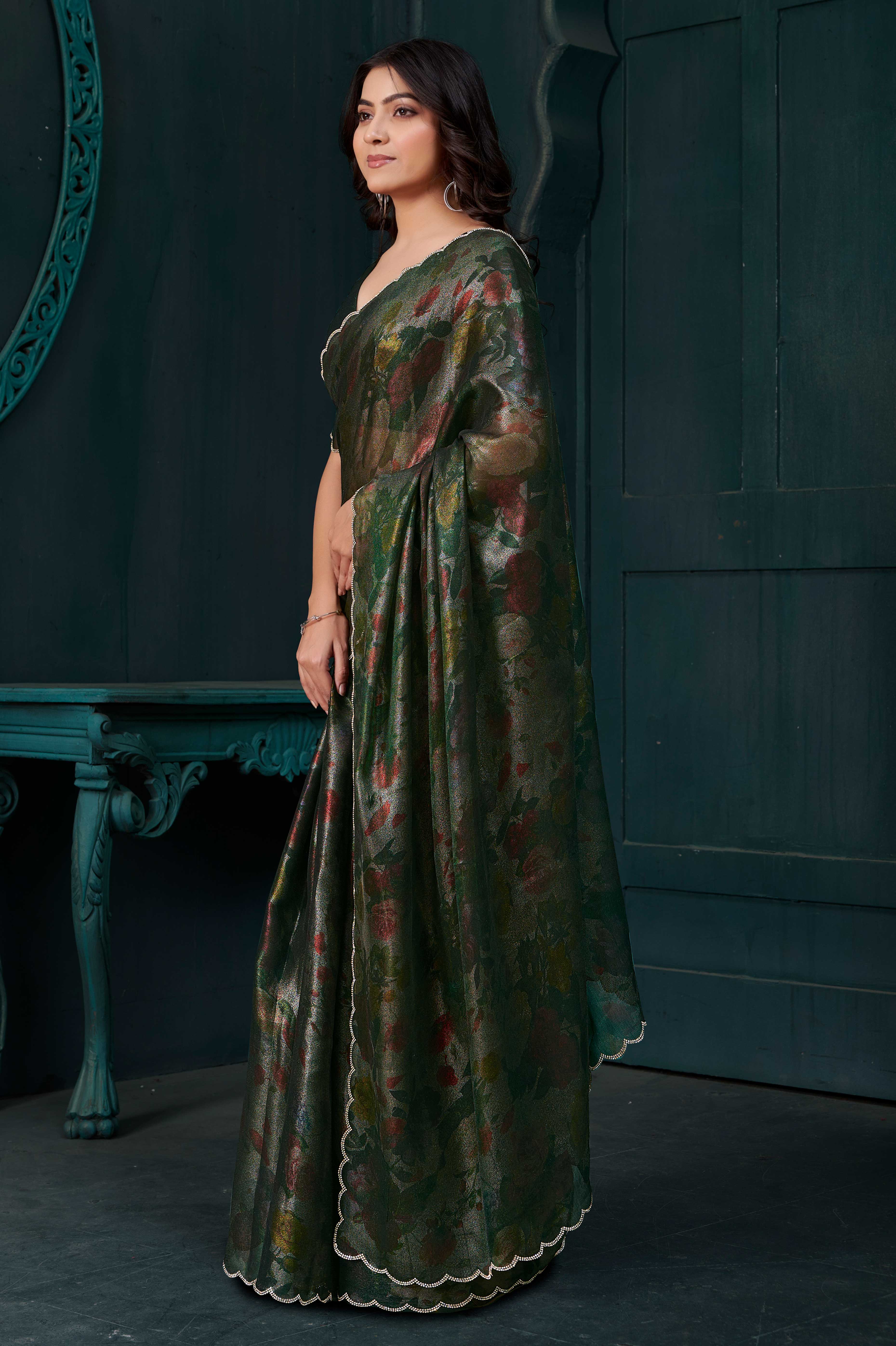 Bottle Green Partywear Saree in Smooth Chiffon Silk with Contemporary Floral Prints