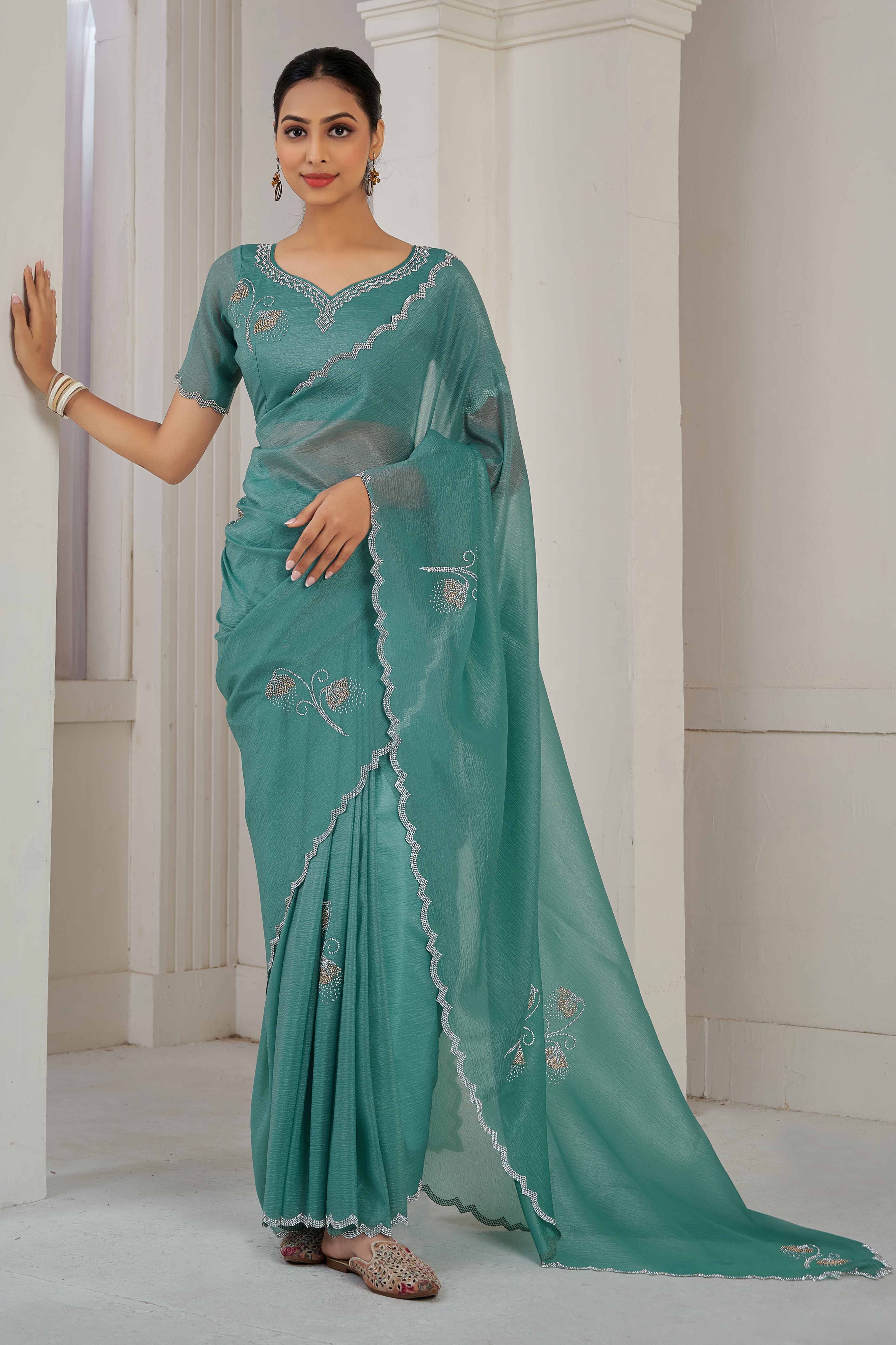 Teal Stone Work Embroidered Crepe Silk Saree