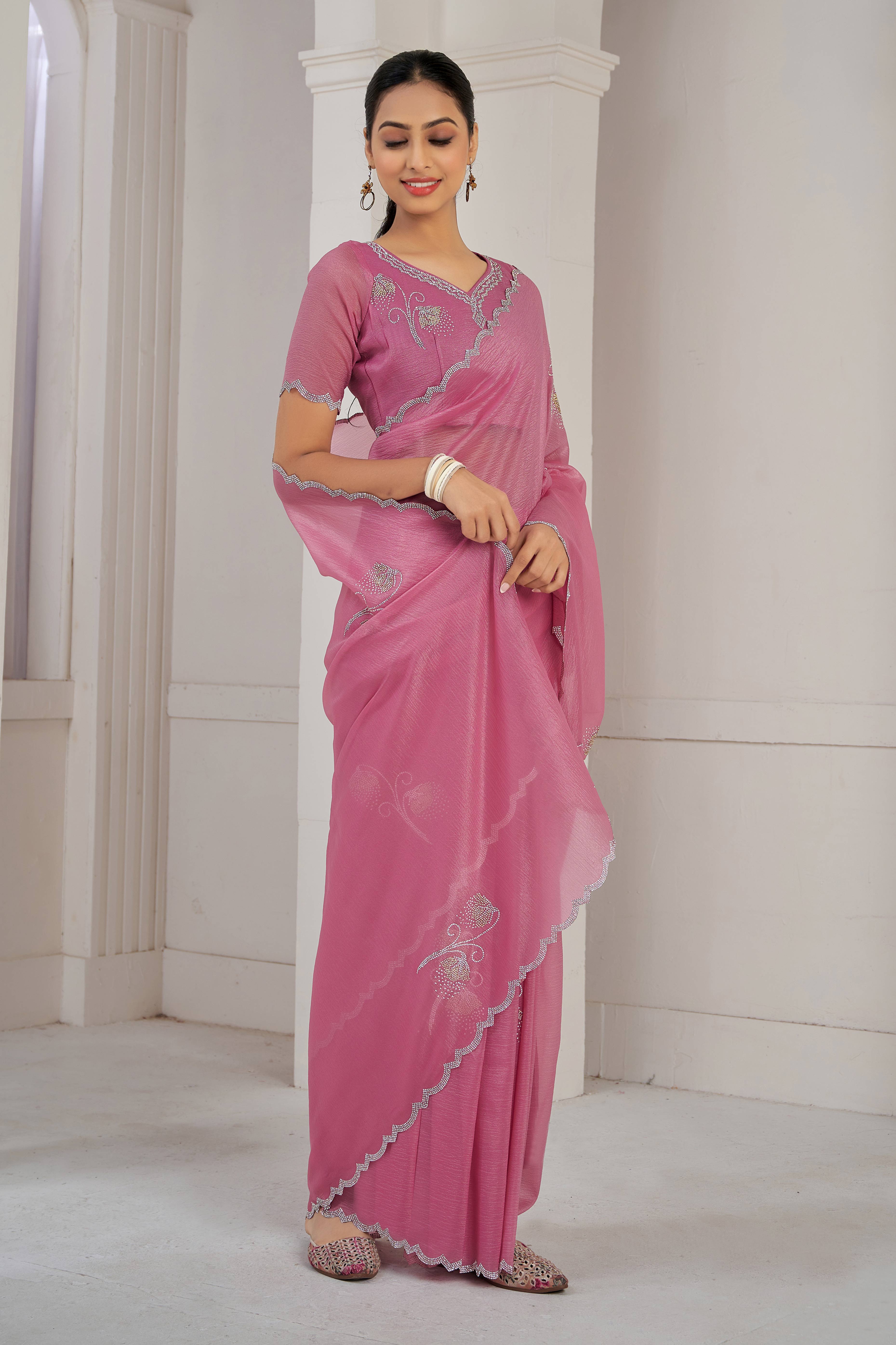 Onion Pink Stone Work Embroidered Crepe Silk Saree