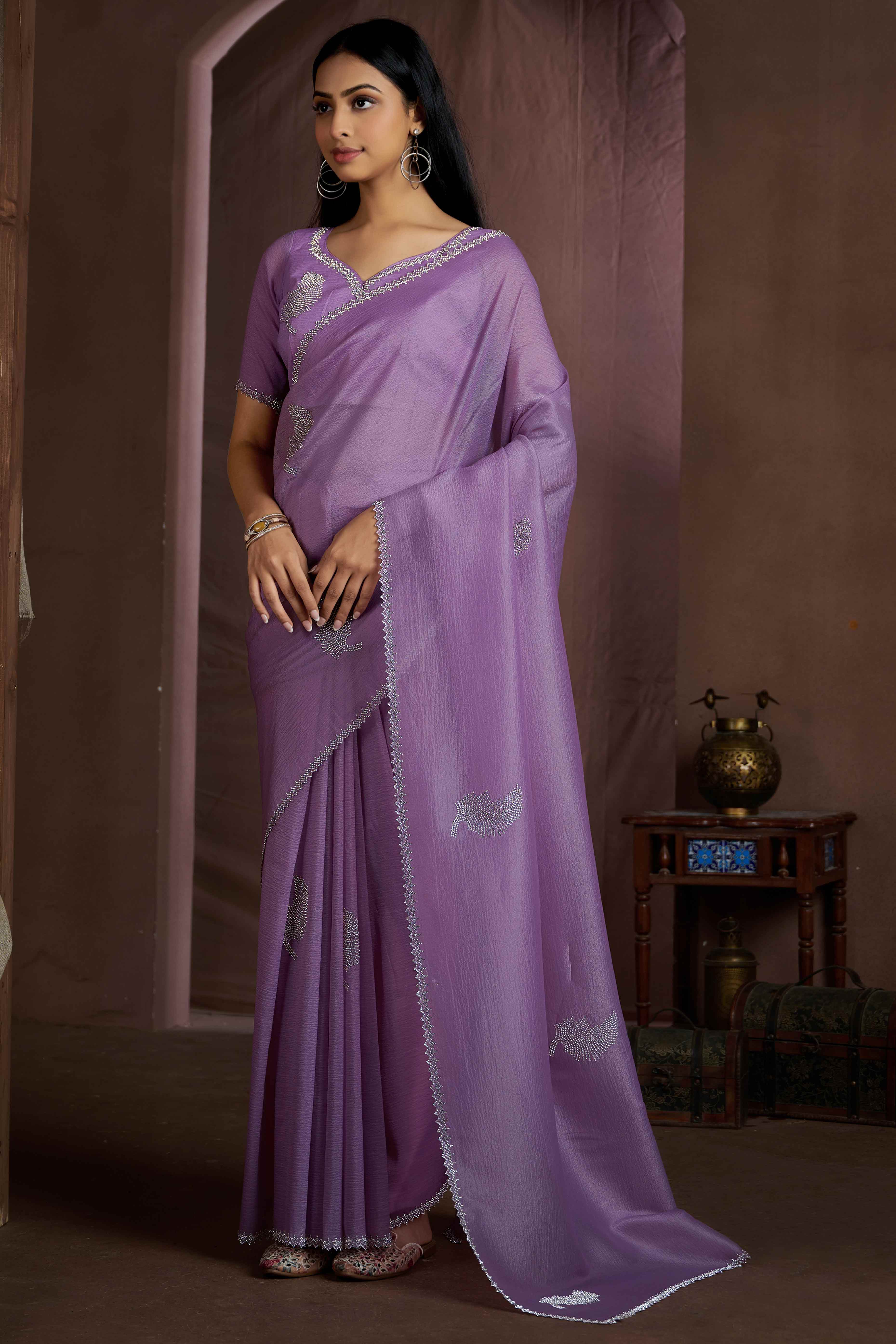 Purple Stone Work Embroidered Pure Silk Saree