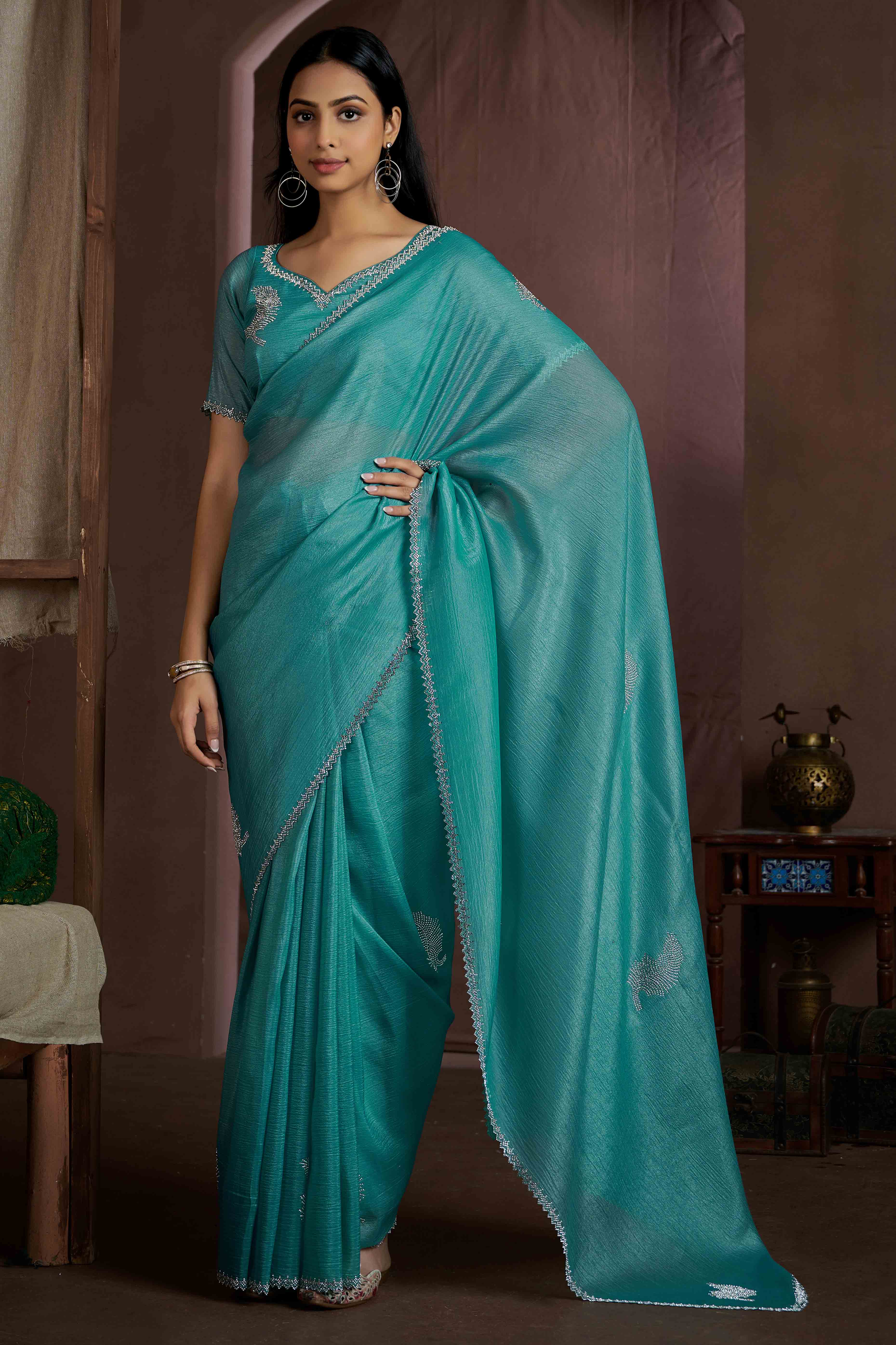 Teal Stone Work Embroidered Pure Silk Saree