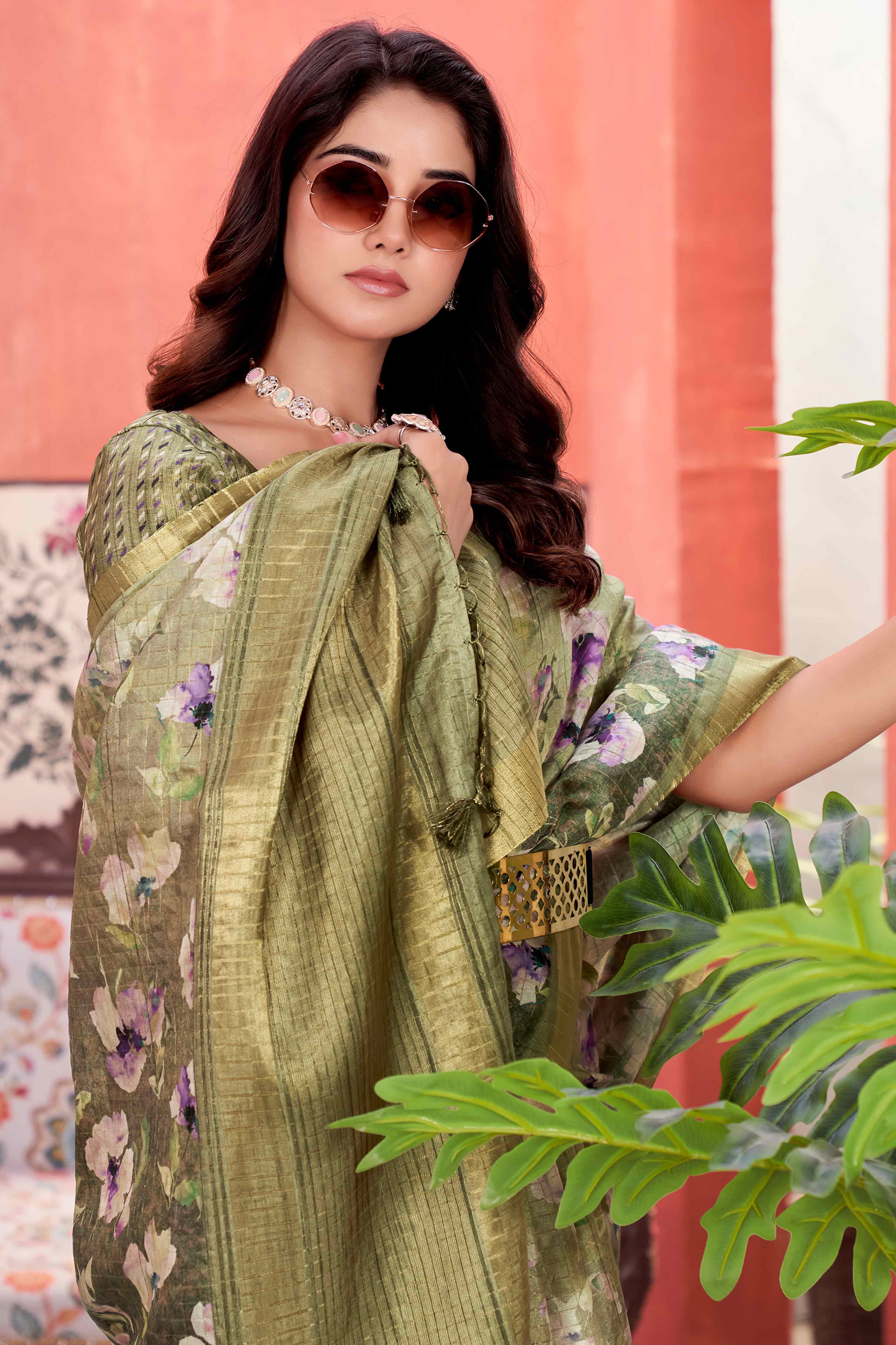 Green Floral Soft Silk Blend Saree with Digital Prints