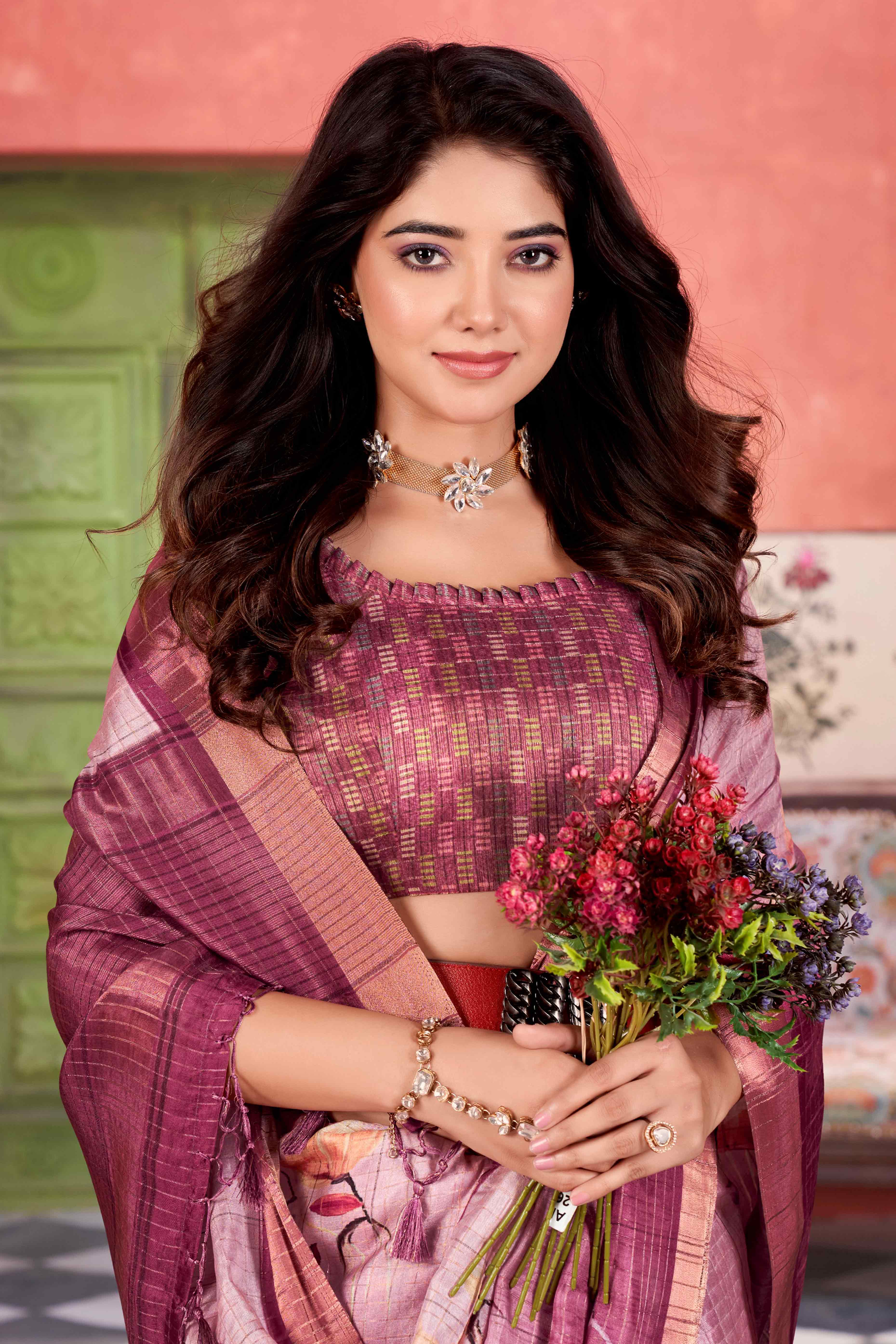 Wine Floral Soft Silk Blend Saree with Digital Prints