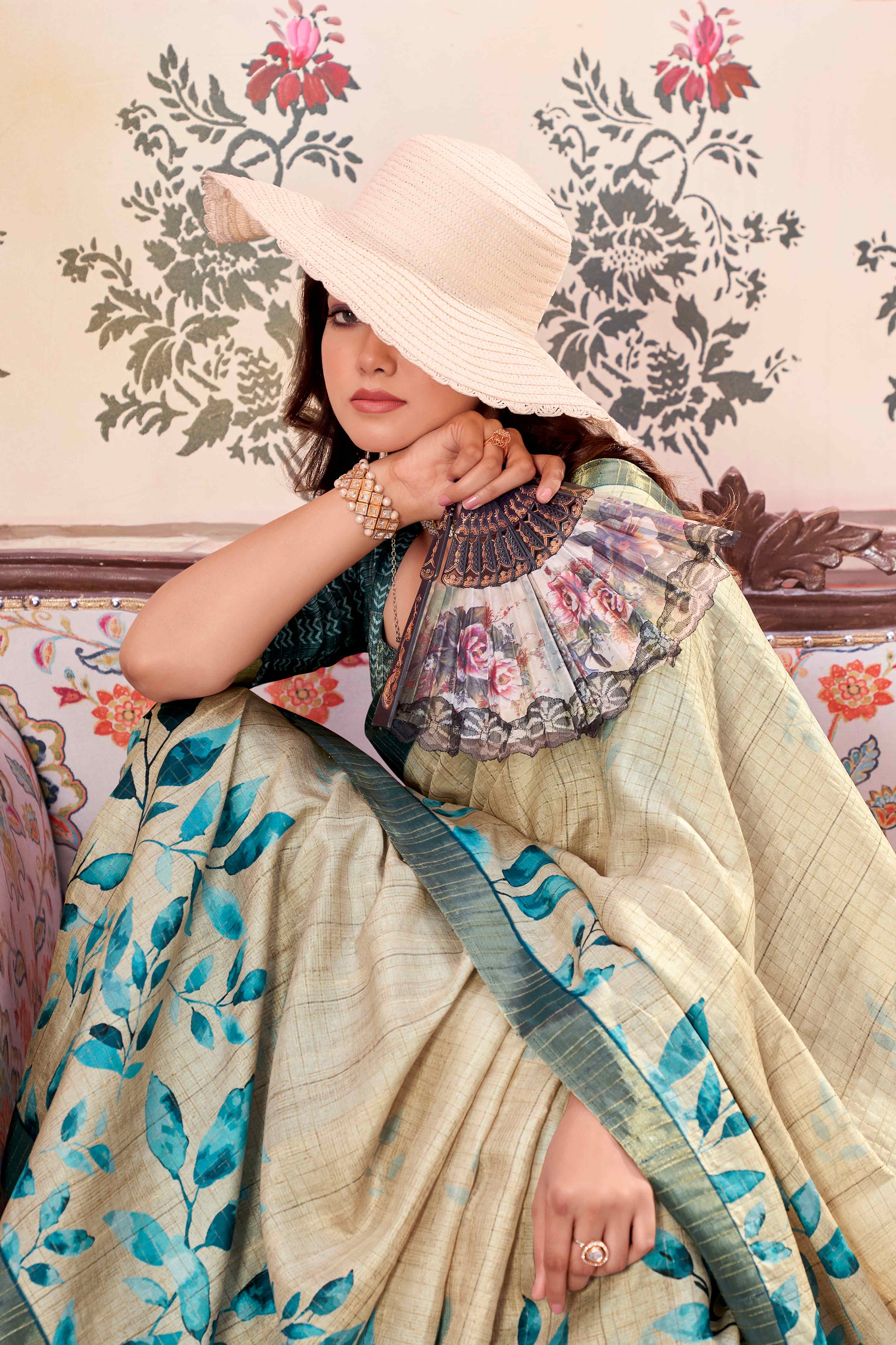 Cream Floral Soft Silk Blend Saree with Digital Prints