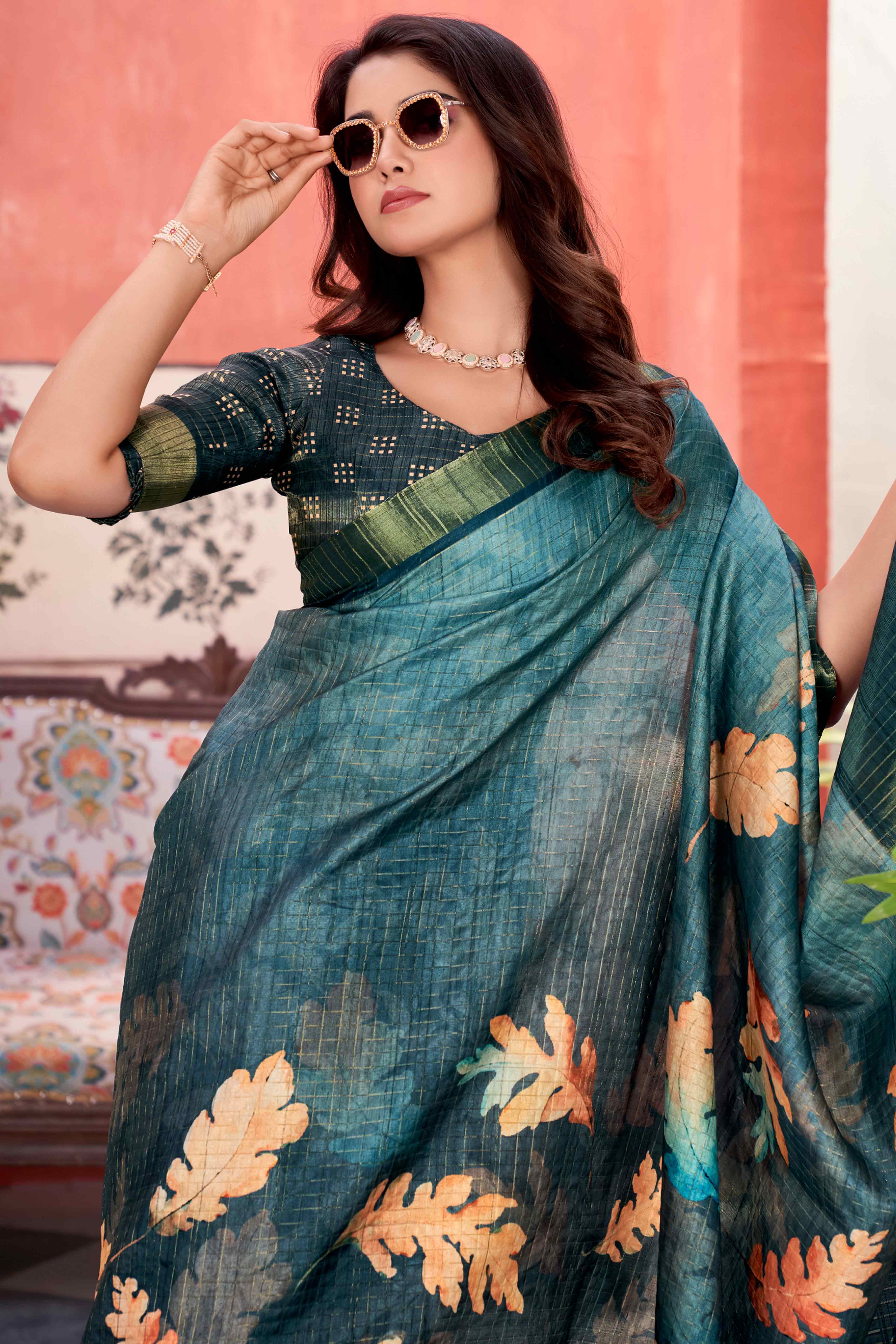 Teal Floral Soft Silk Blend Saree with Digital Prints