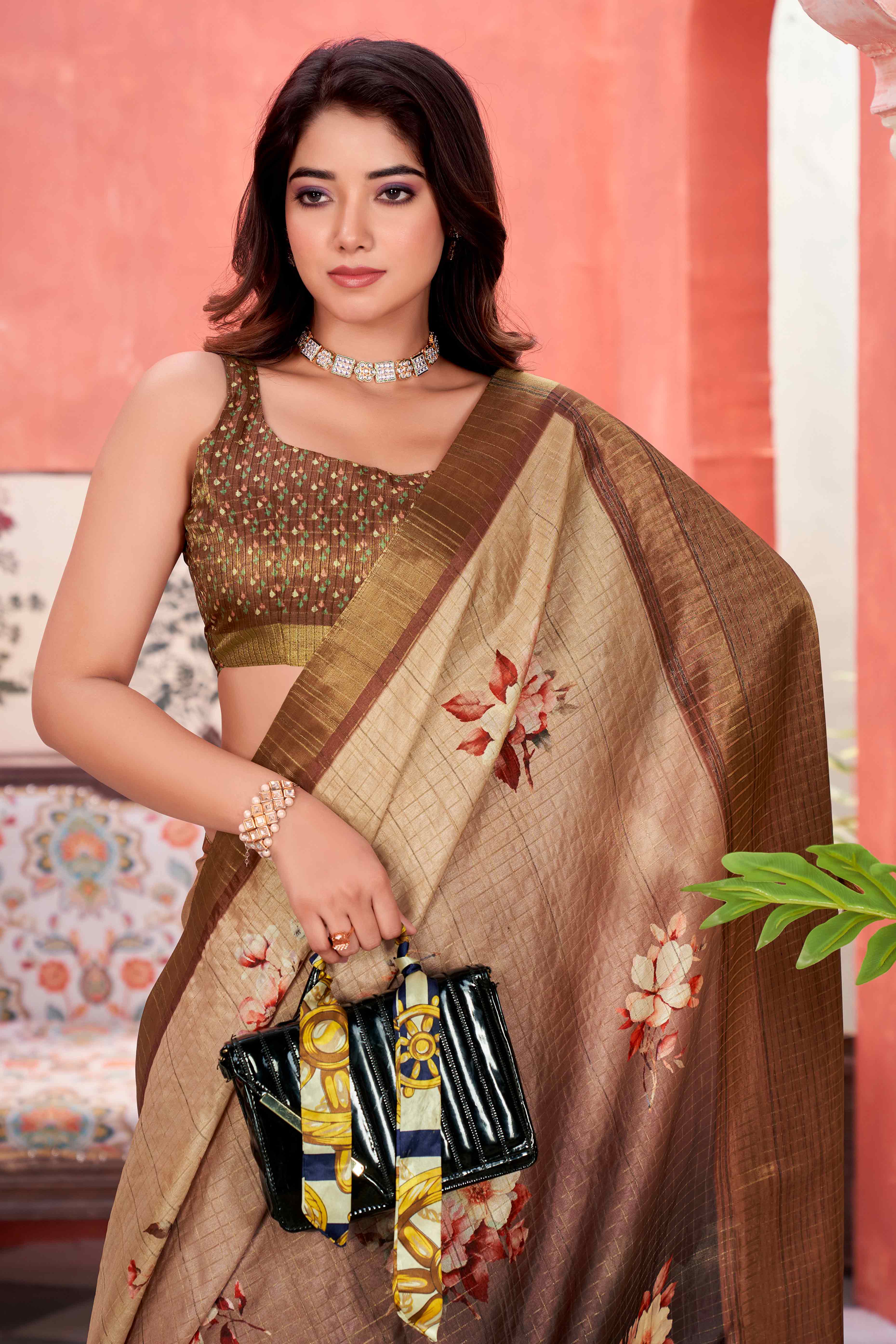 Brown Floral Soft Silk Blend Saree with Digital Prints