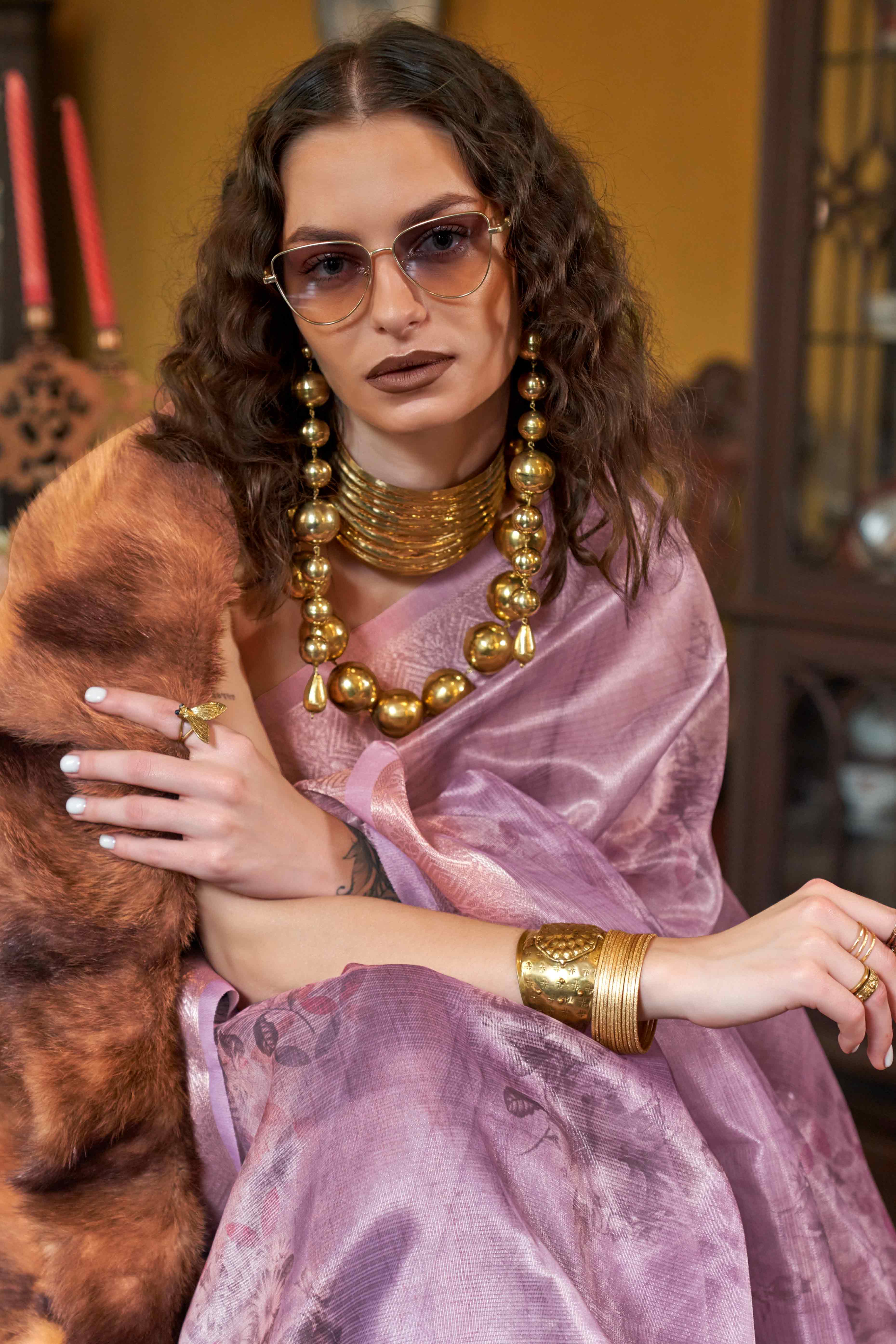 Lavender Digital Printed Organza Saree With Woven Border