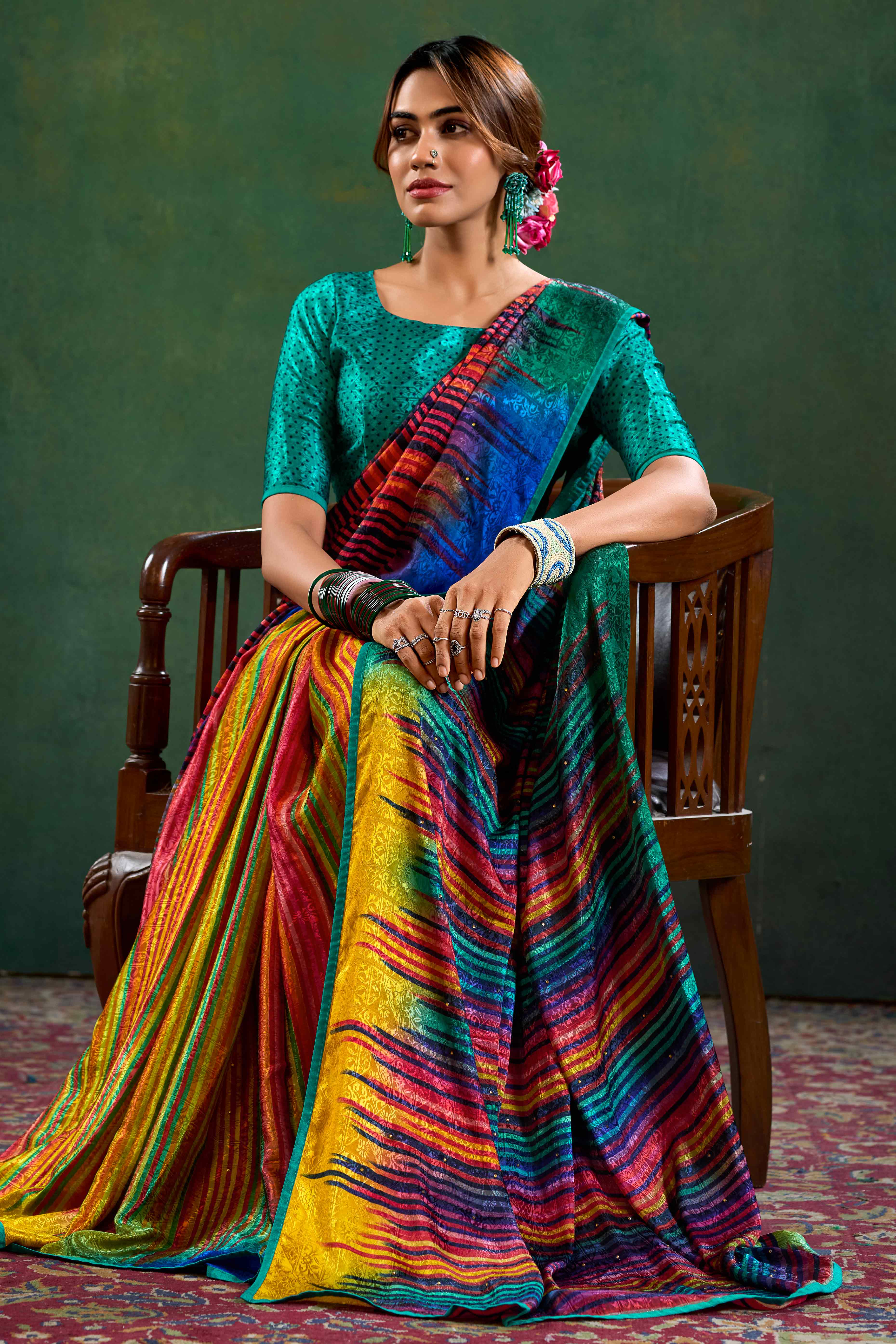 Multicolor Crepe Jacquard Saree with Vibrant Prints & Stone Work