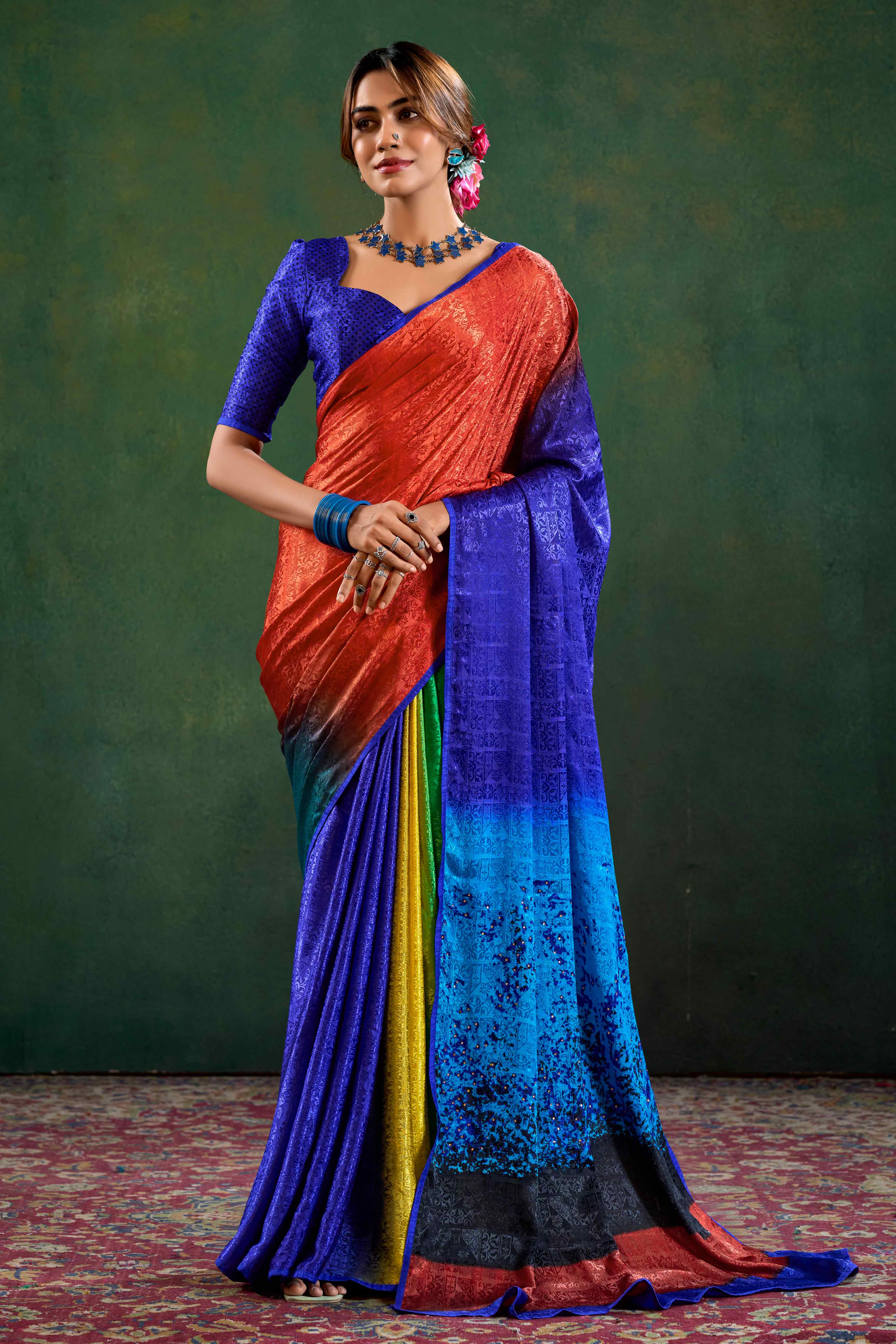Blue Crepe Jacquard Saree with Vibrant Prints & Stone Work