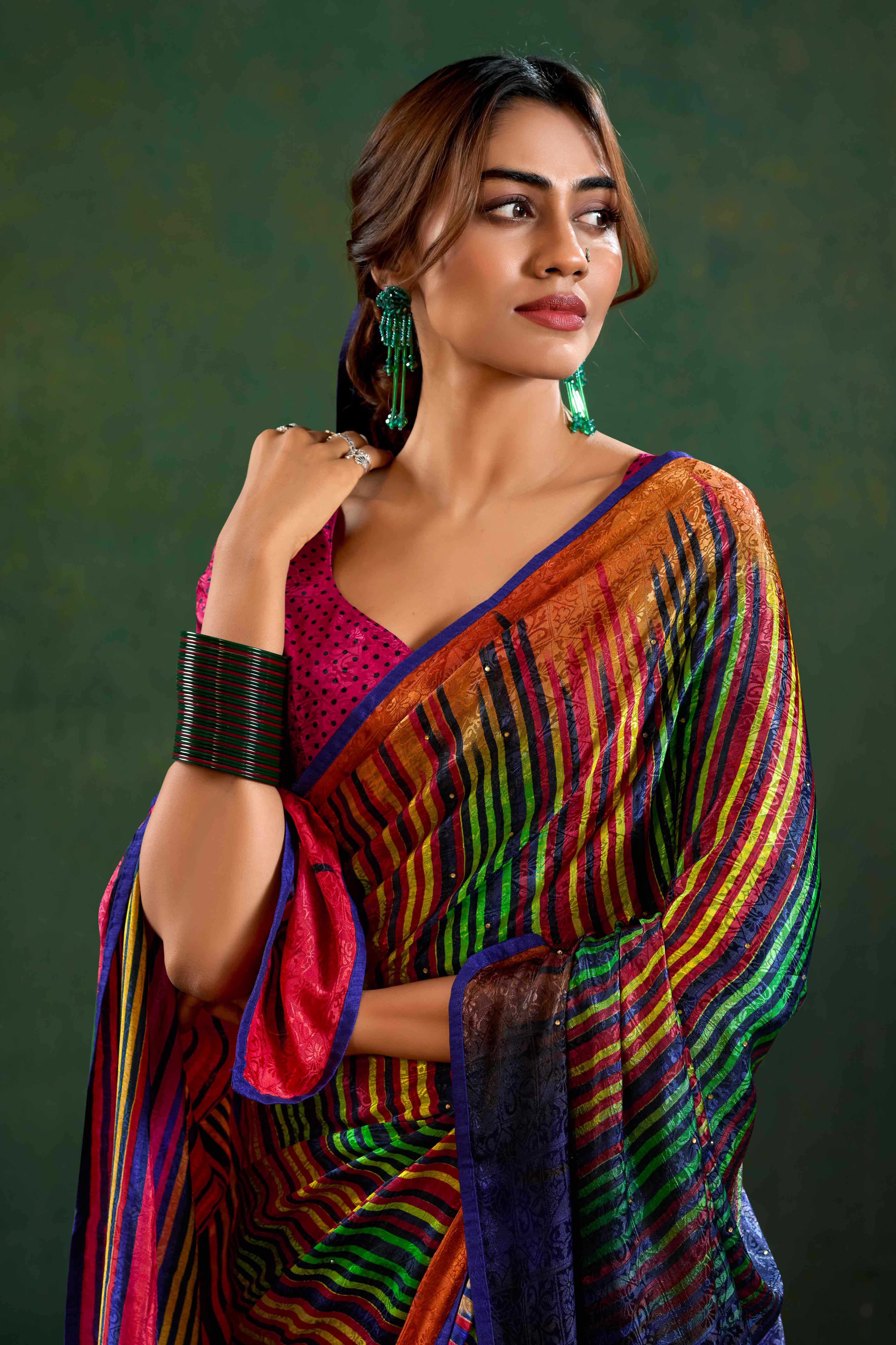 Multicolor Crepe Jacquard Saree with Vibrant Prints & Stone Work