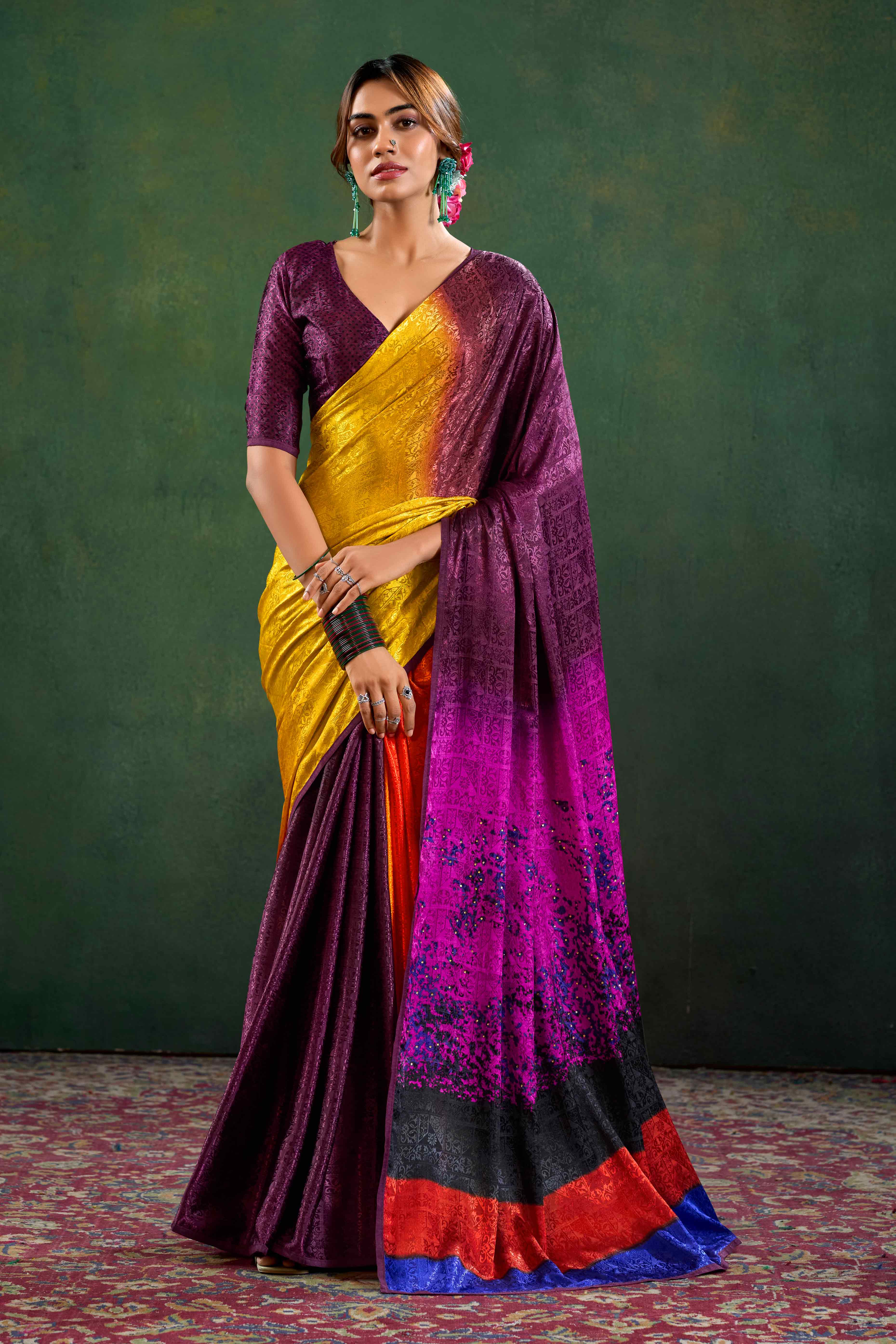 Wine Crepe Jacquard Saree with Vibrant Prints & Stone Work