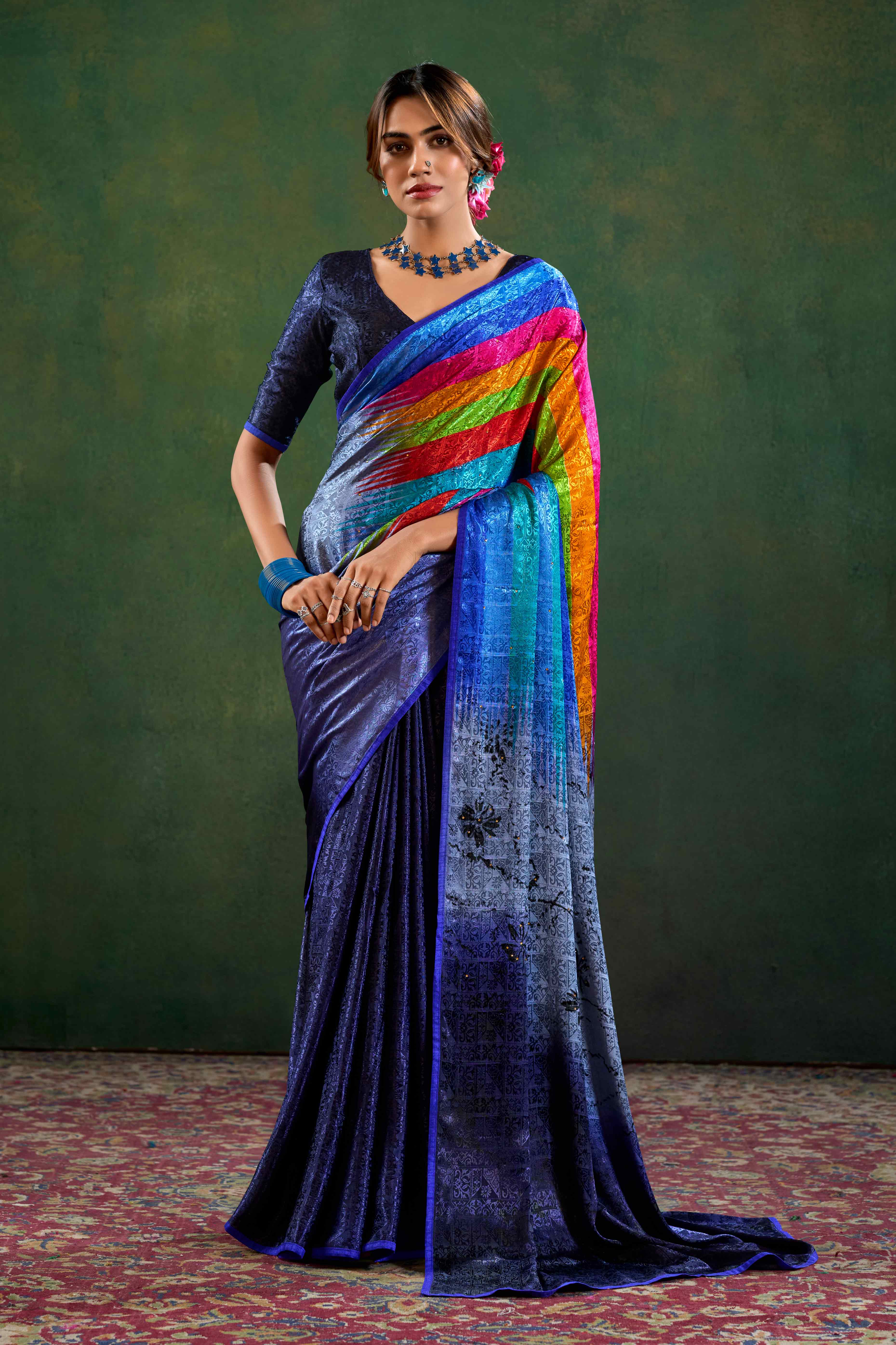 Blue Crepe Jacquard Saree with Vibrant Prints & Stone Work