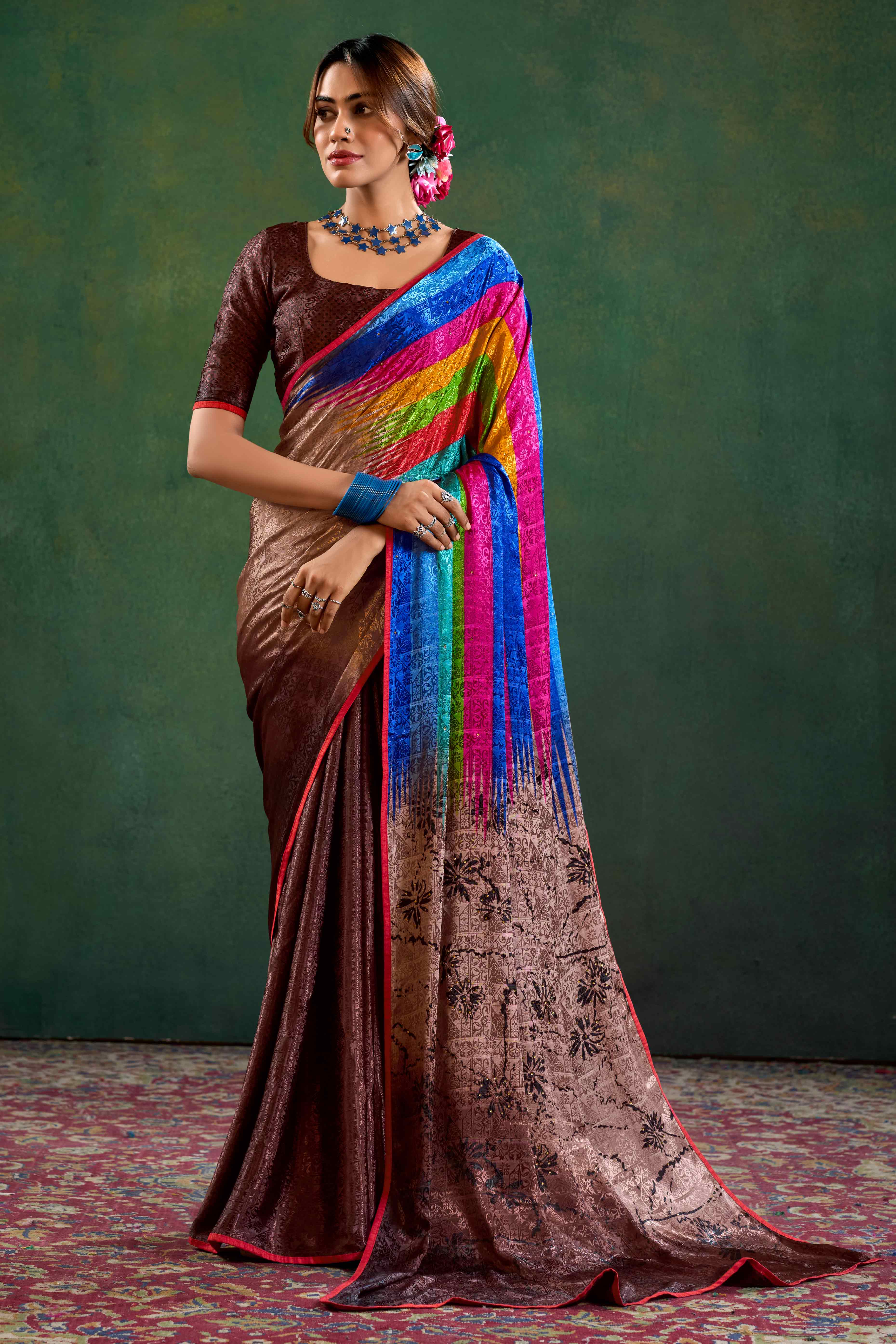 Brown Crepe Jacquard Saree with Vibrant Prints & Stone Work
