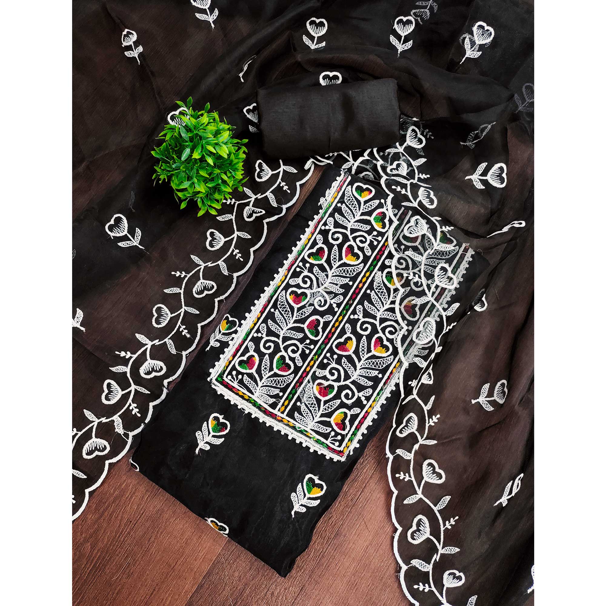 Black Organza Dress Material With Intricate Floral Embroidery Work