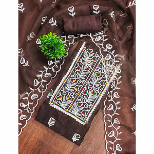 Brown Organza Dress Material With Intricate Floral Embroidery Work