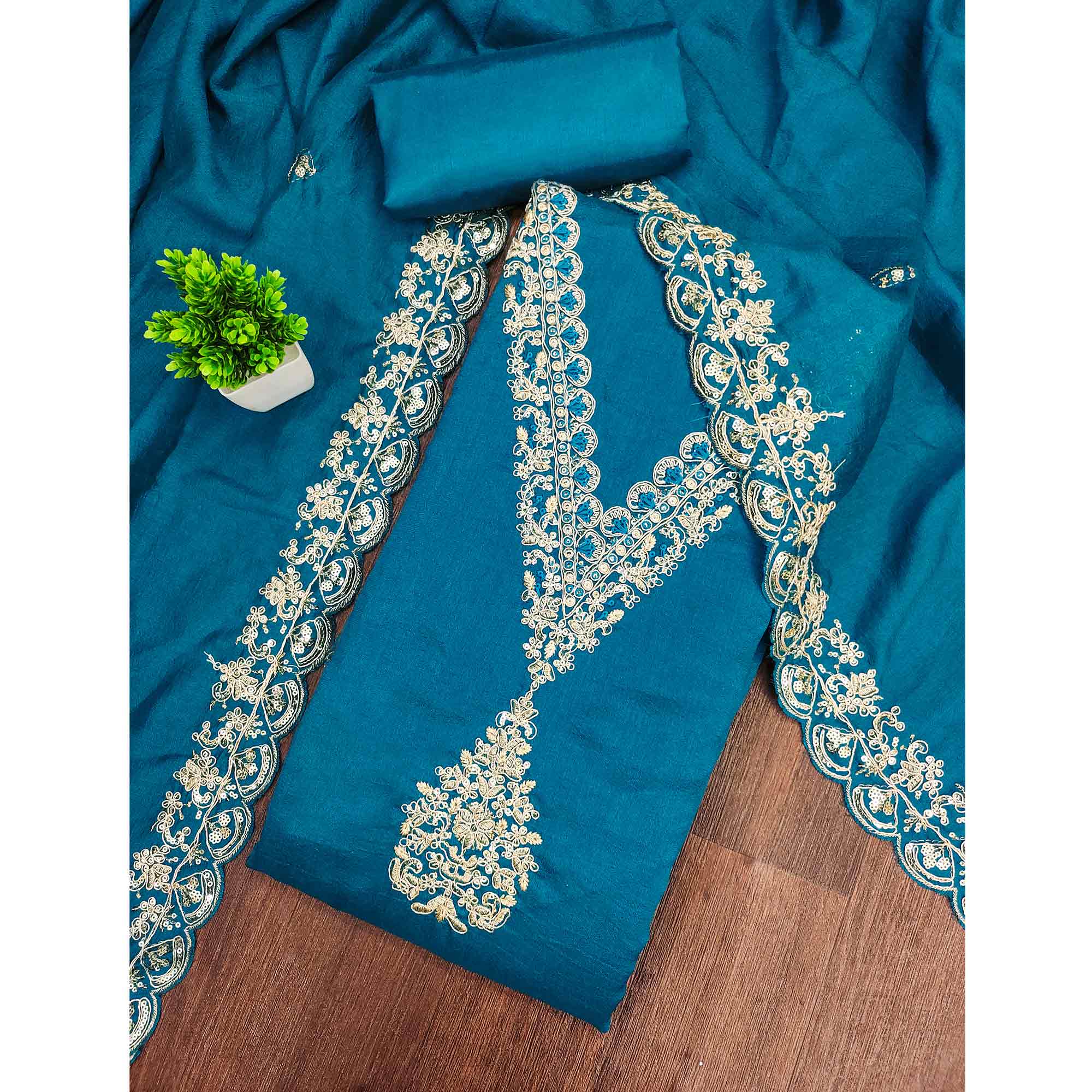 Blue Vichitra Silk Dress Material Adorned With Floral Cording Embroidery & Sparkling Sequins Work