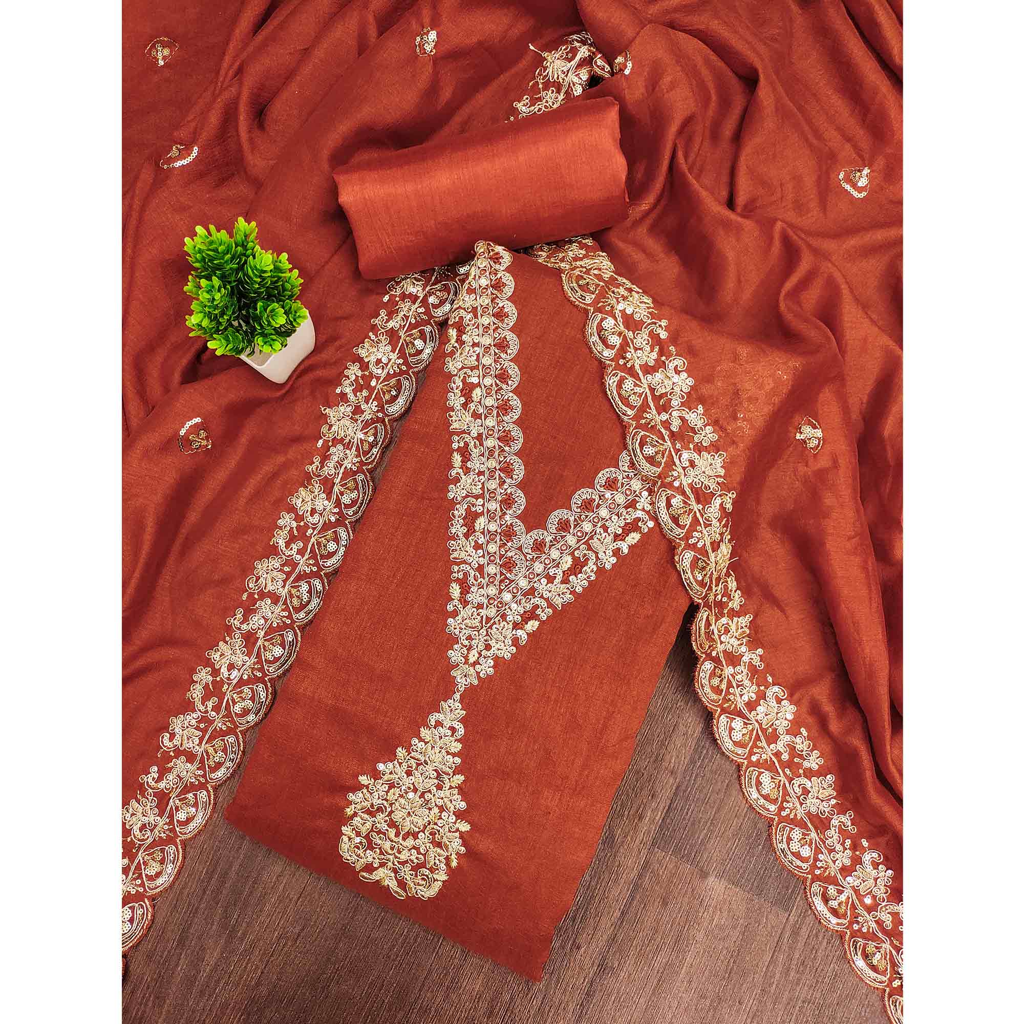 Rust Vichitra Silk Dress Material Adorned With Floral Cording Embroidery & Sparkling Sequins Work