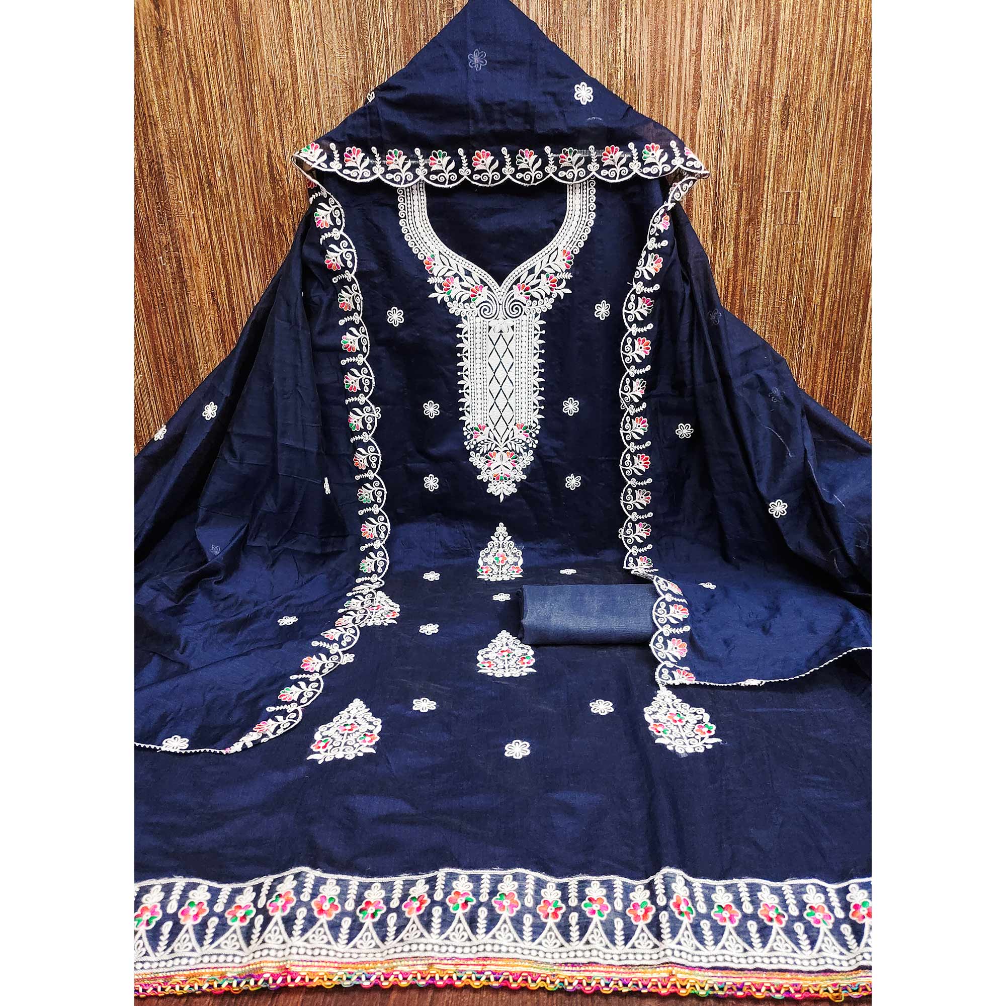 Navy Blue Cambric Cotton Dress Material With Elegant Floral Embroidery Work