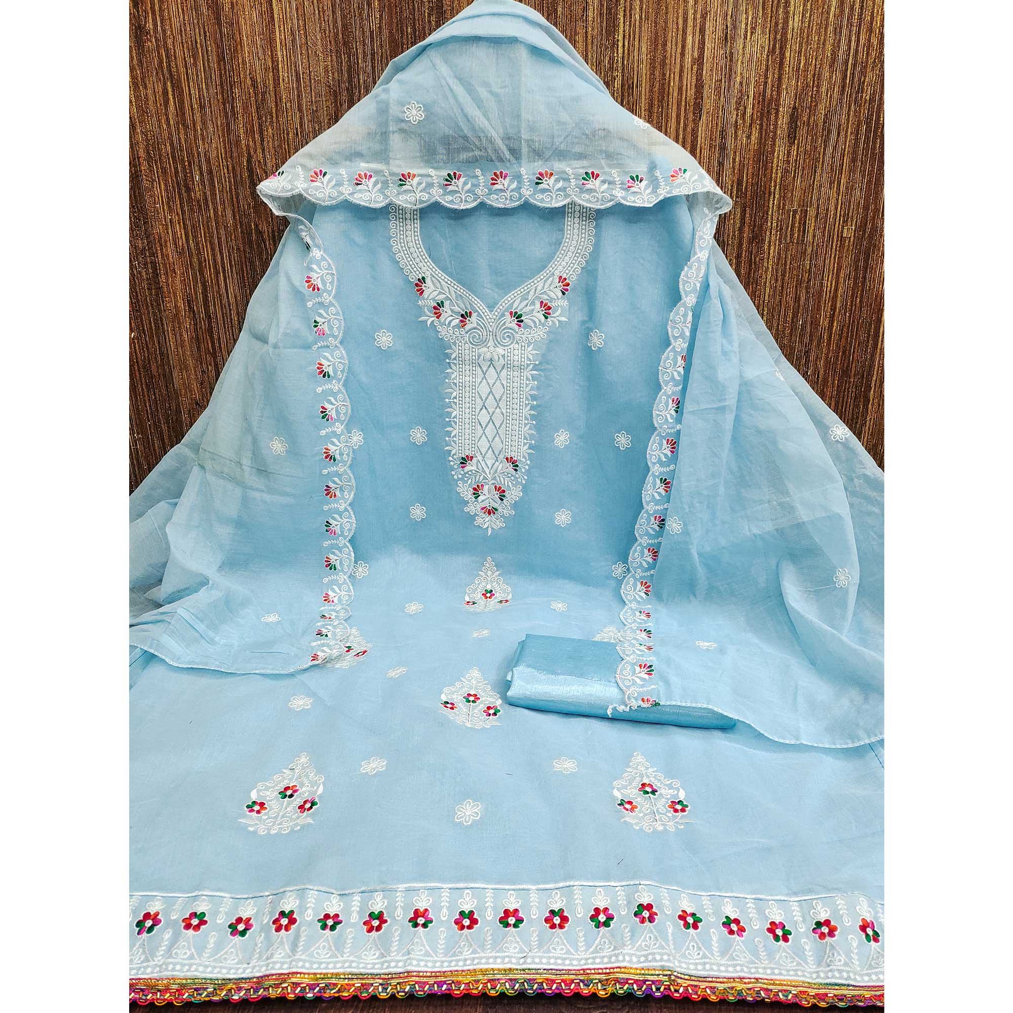 Sky Blue Cambric Cotton Dress Material With Elegant Floral Embroidery Work