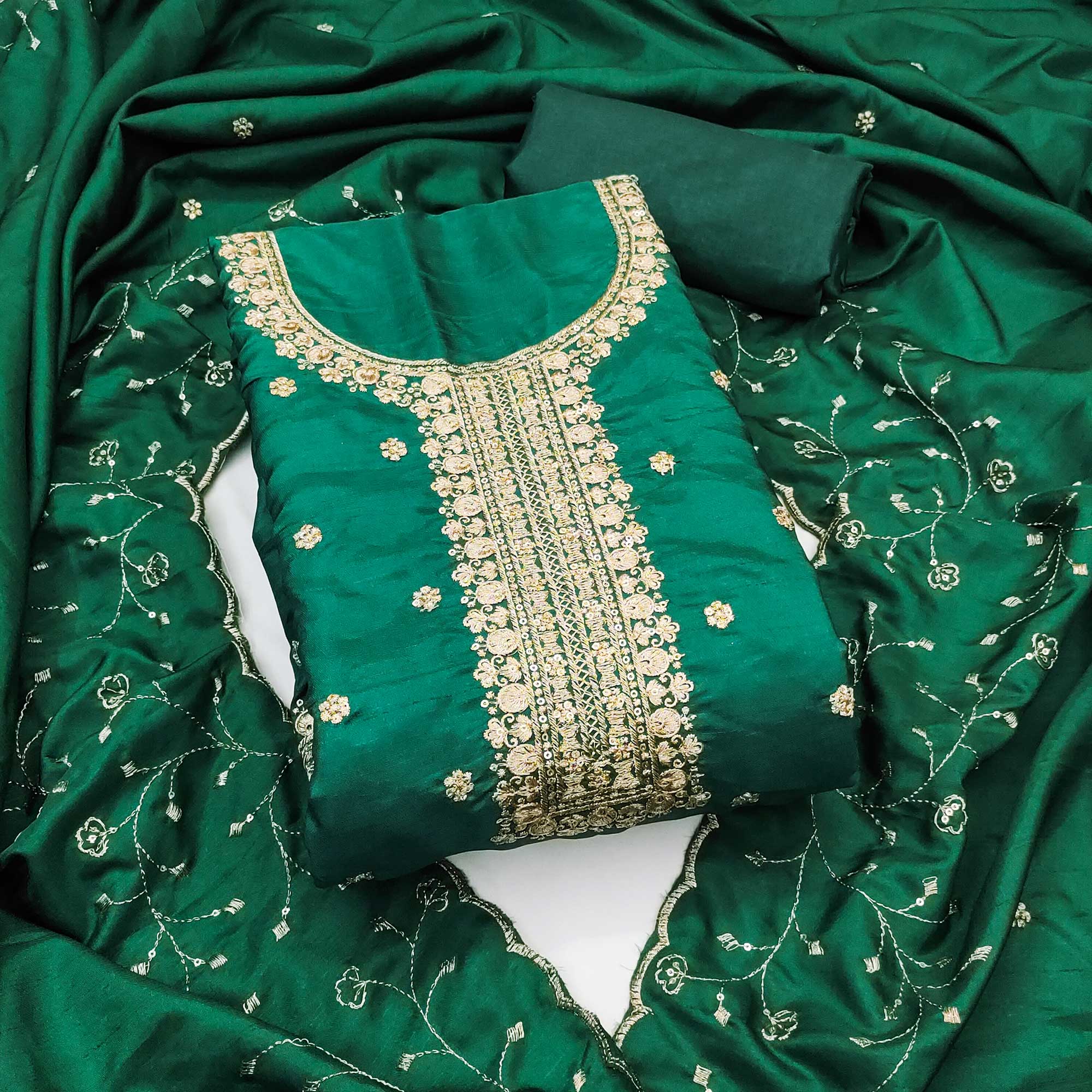 Green Cotton Silk Unstitched Dress Material Featuring Delicate Jalpari Embroidery