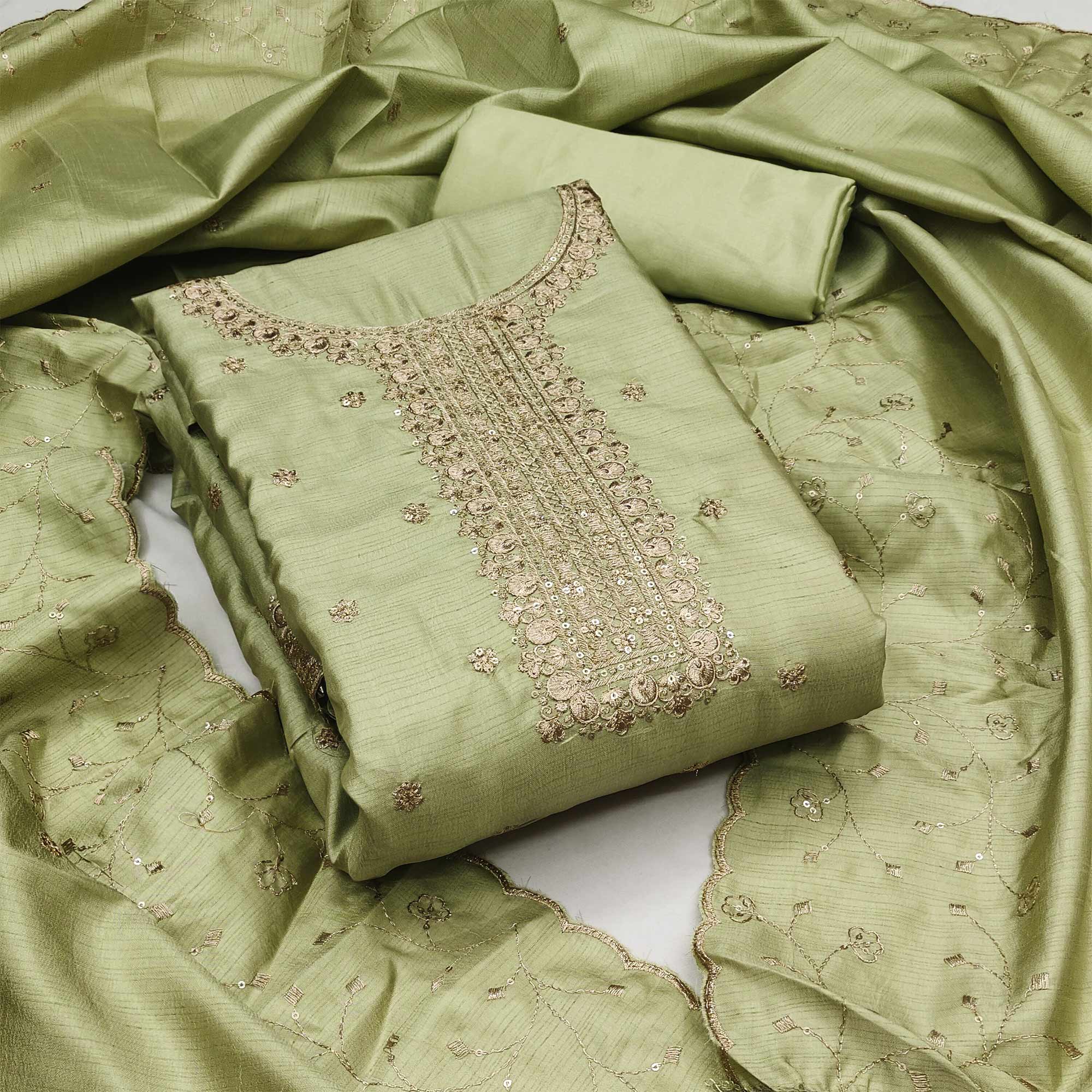 Light Green Cotton Silk Unstitched Dress Material Featuring Delicate Jalpari Embroidery