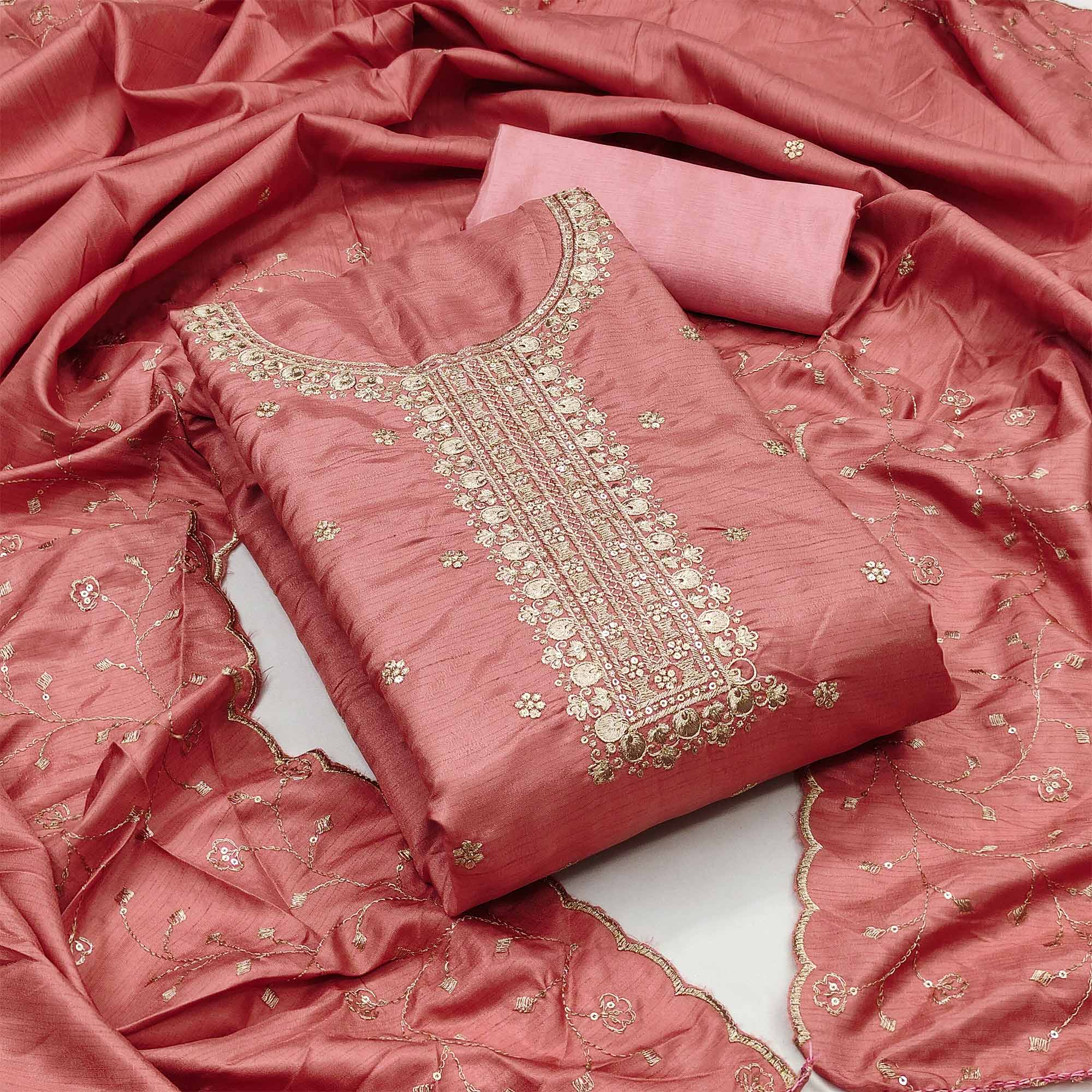 Soft Peach Cotton Silk Unstitched Dress Material Featuring Delicate Jalpari Embroidery