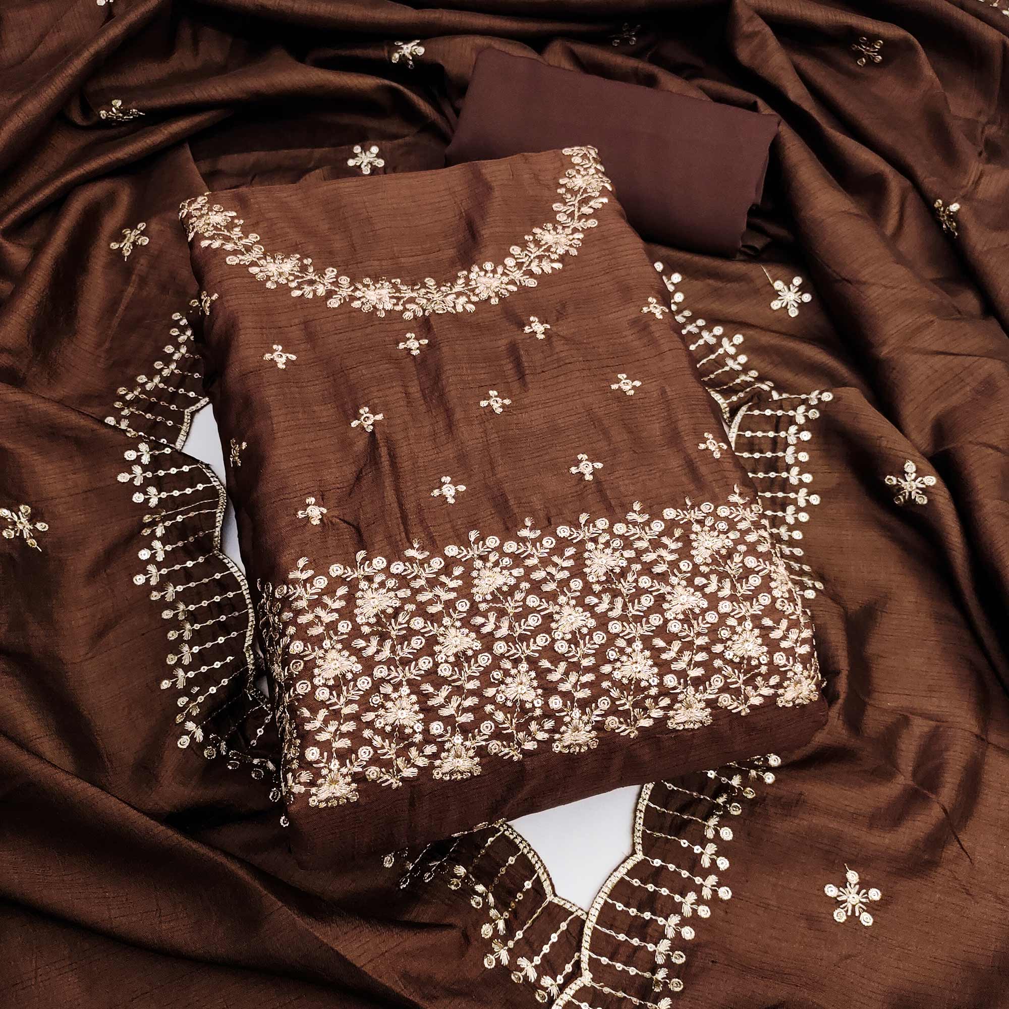 Brown Cotton Silk Dress Material with Traditional Jalpari Embroidery