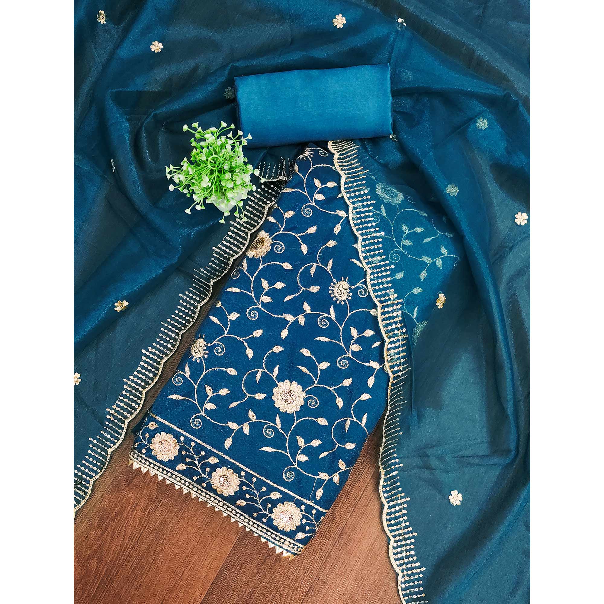 Teal Unstitched Suit Material with Fine Floral Embroidery on Sheer Twill Net