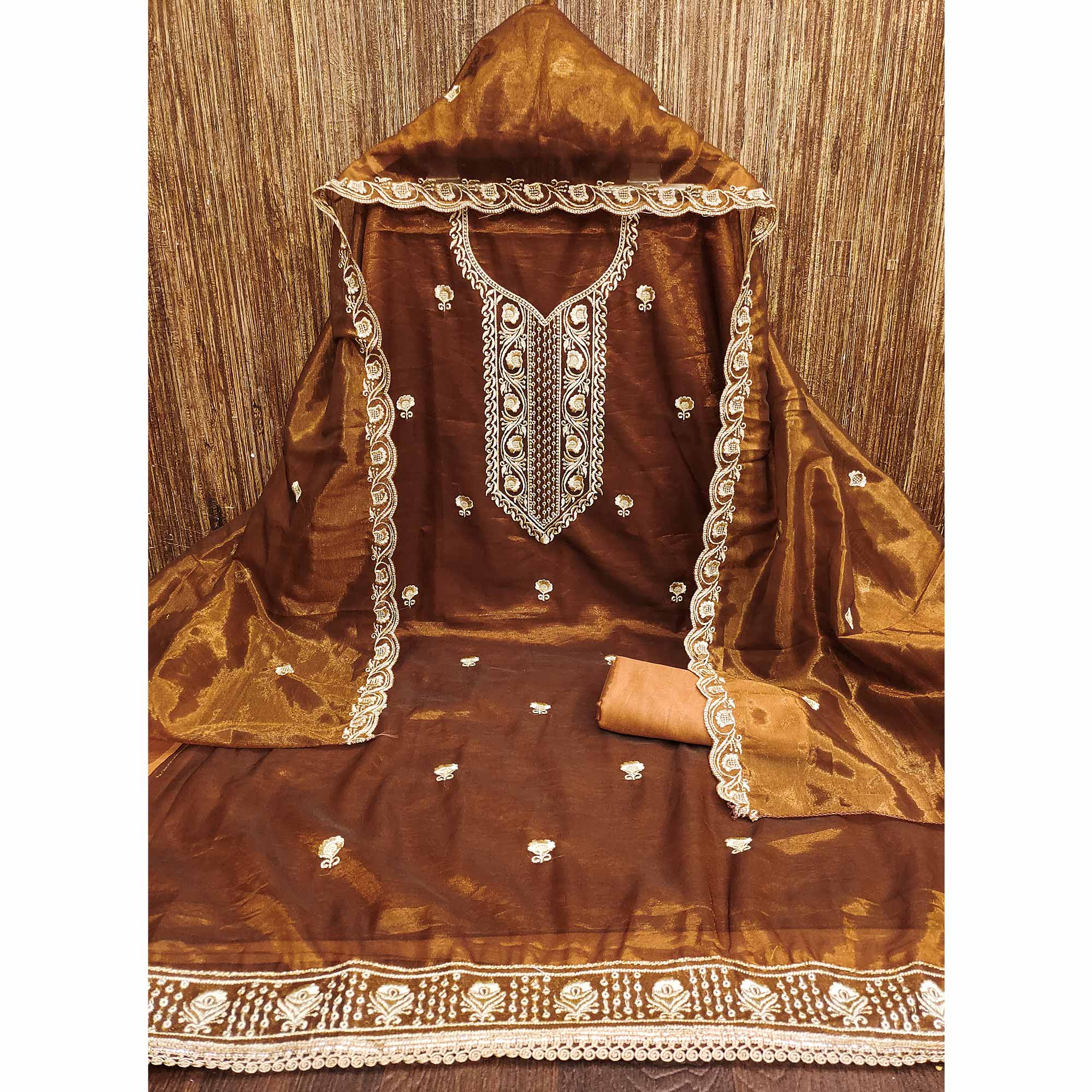 Dark Mustard Delight Floral  Embroidered Twill Net Dress Material