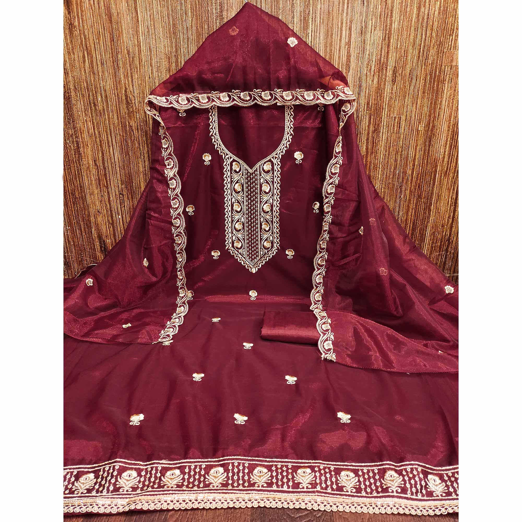 Maroon Delight Floral Embroidered Twill Net Dress Material