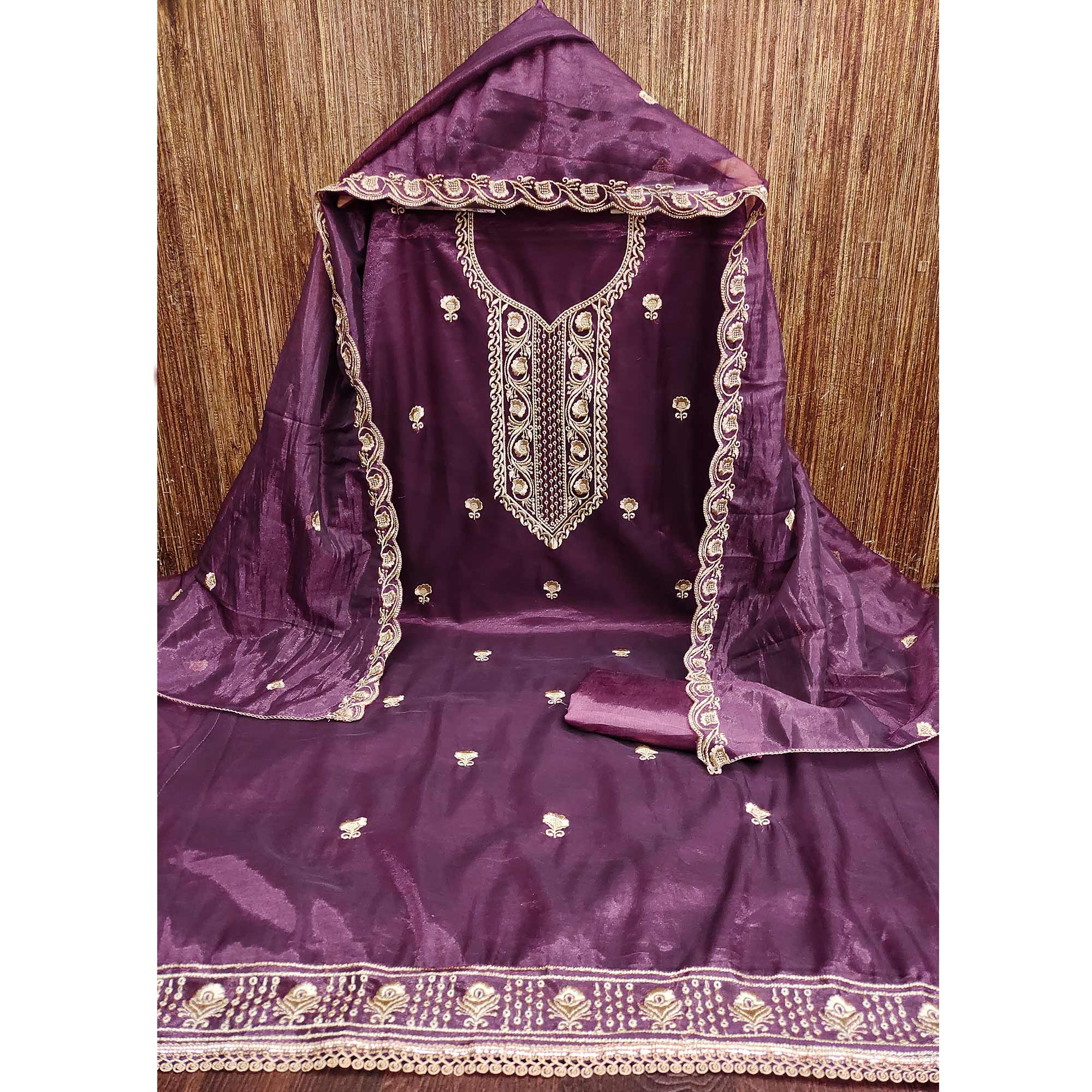 Wine Delight Floral Embroidered Twill Net Dress Material