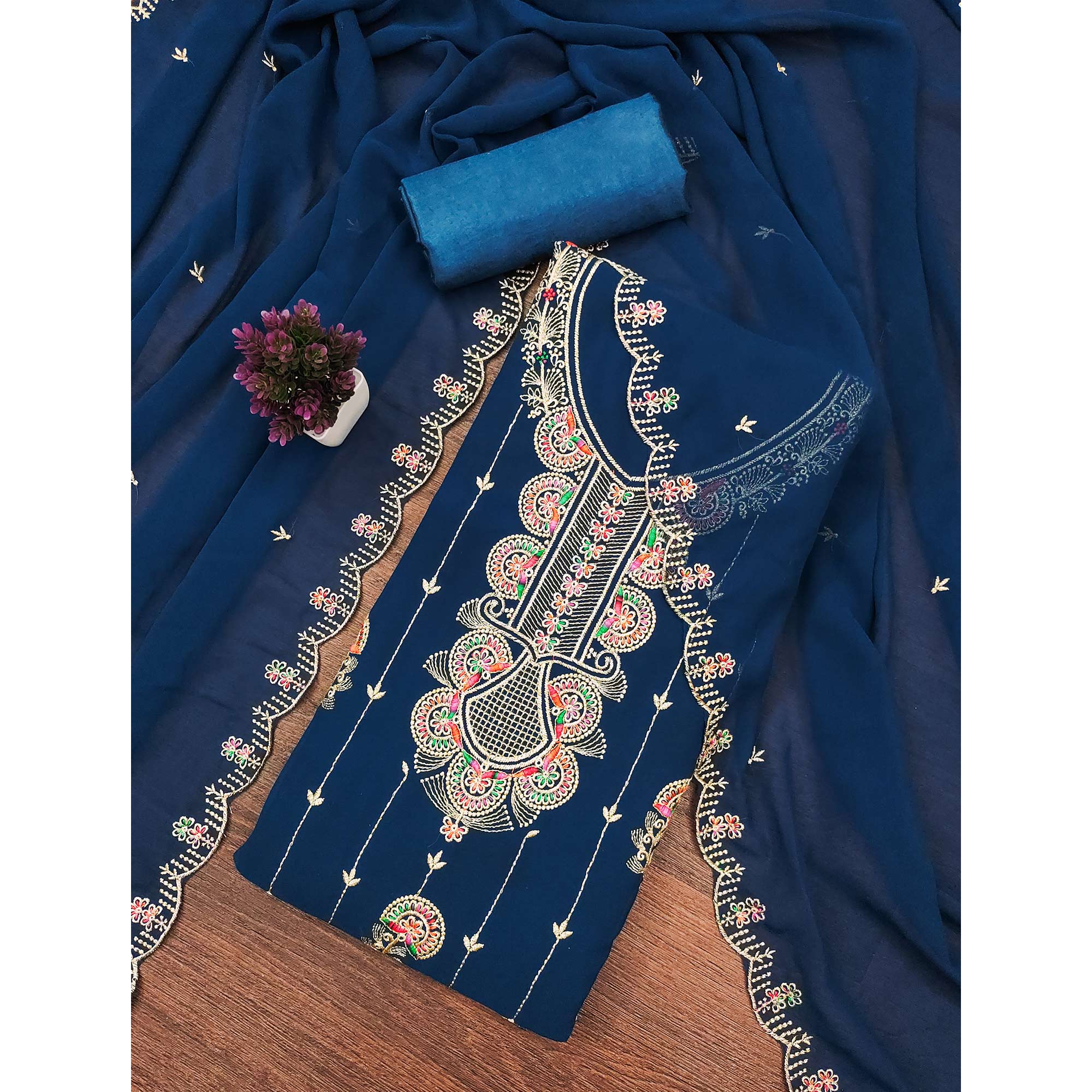Blue Floral Embroidered Unstitched Suit Fabric in Flowing Georgette