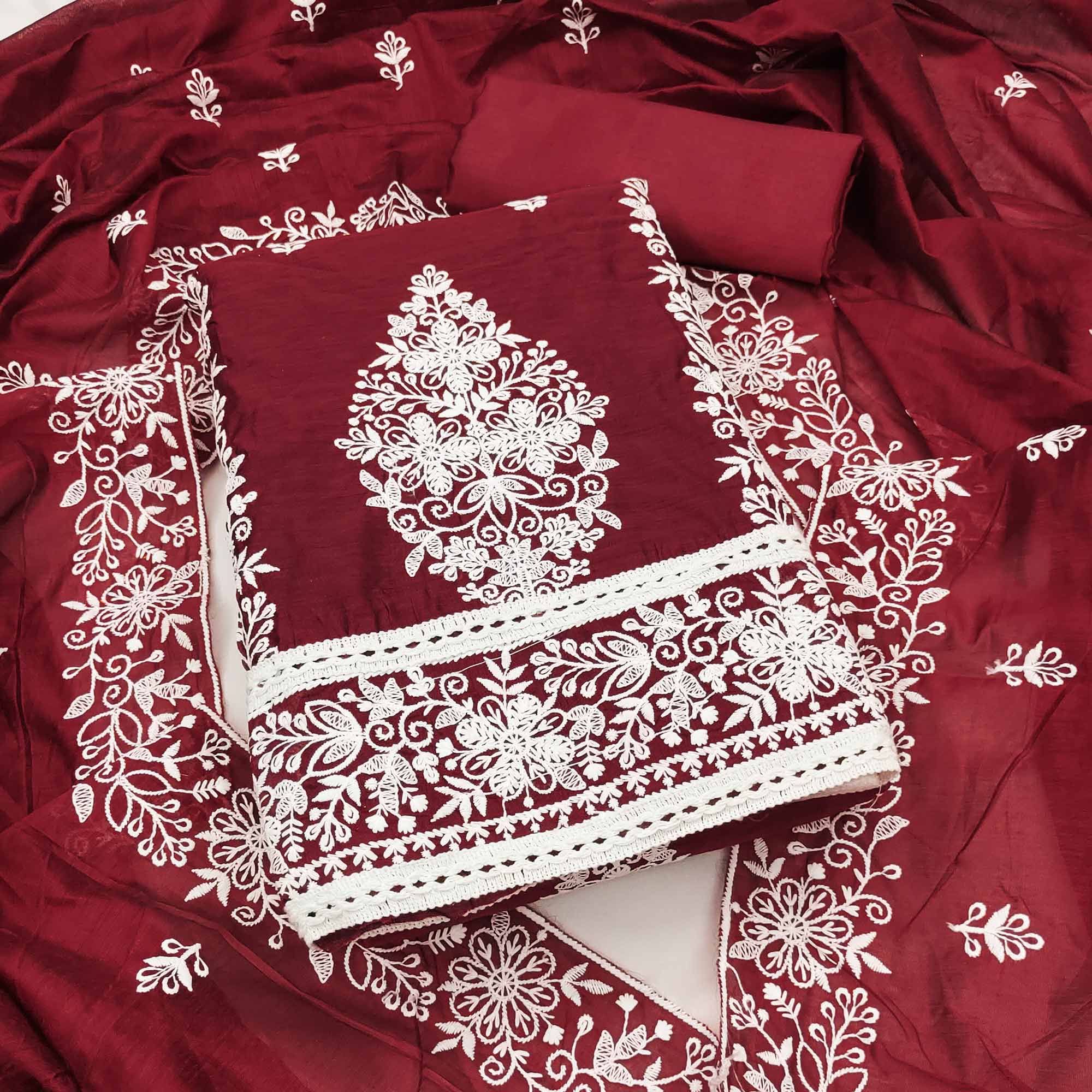 Maroon Chanderi Cotton Dress Material With Graceful Floral Thread Embroidery