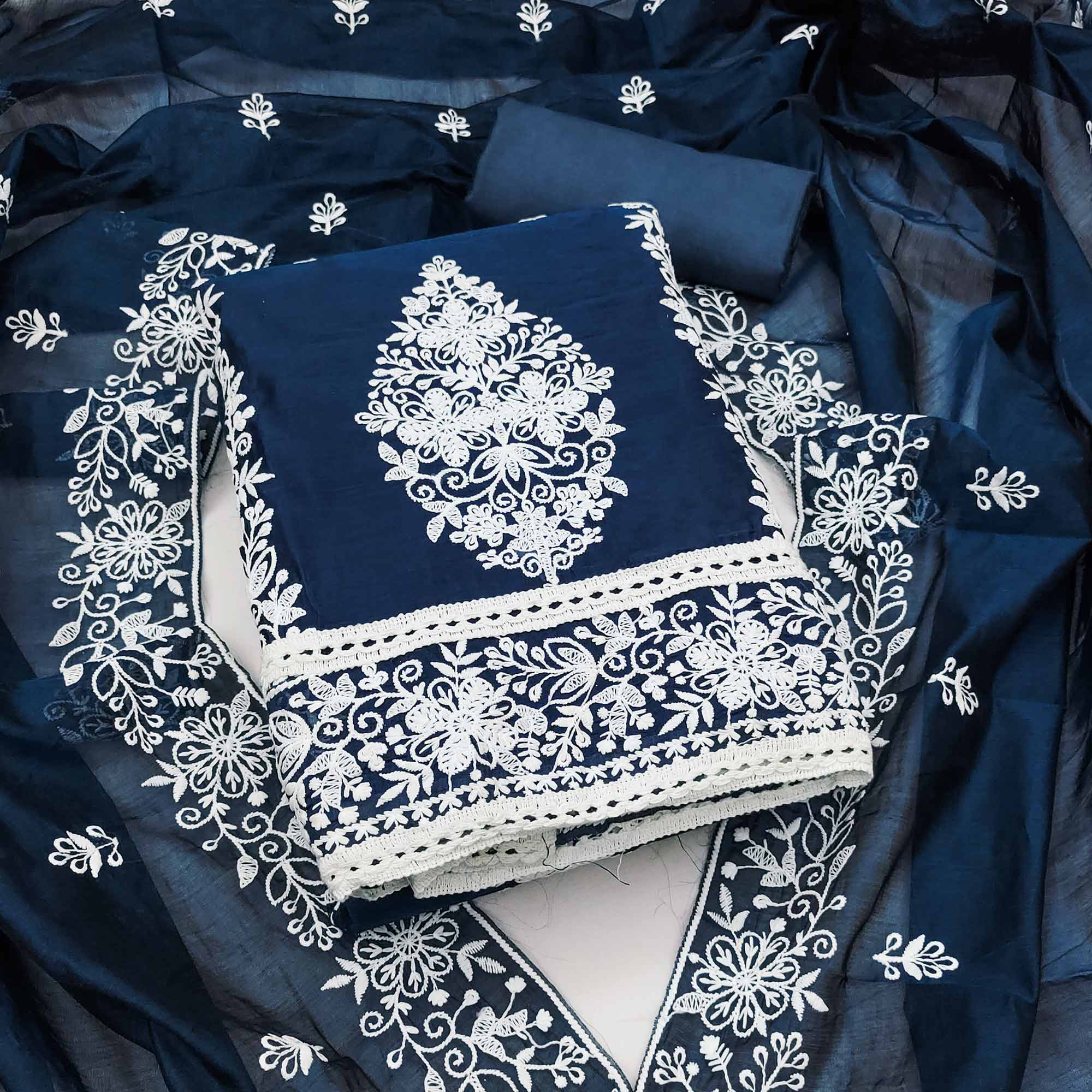 Navy Blue Chanderi Cotton Dress Material With Graceful Floral Thread Embroidery